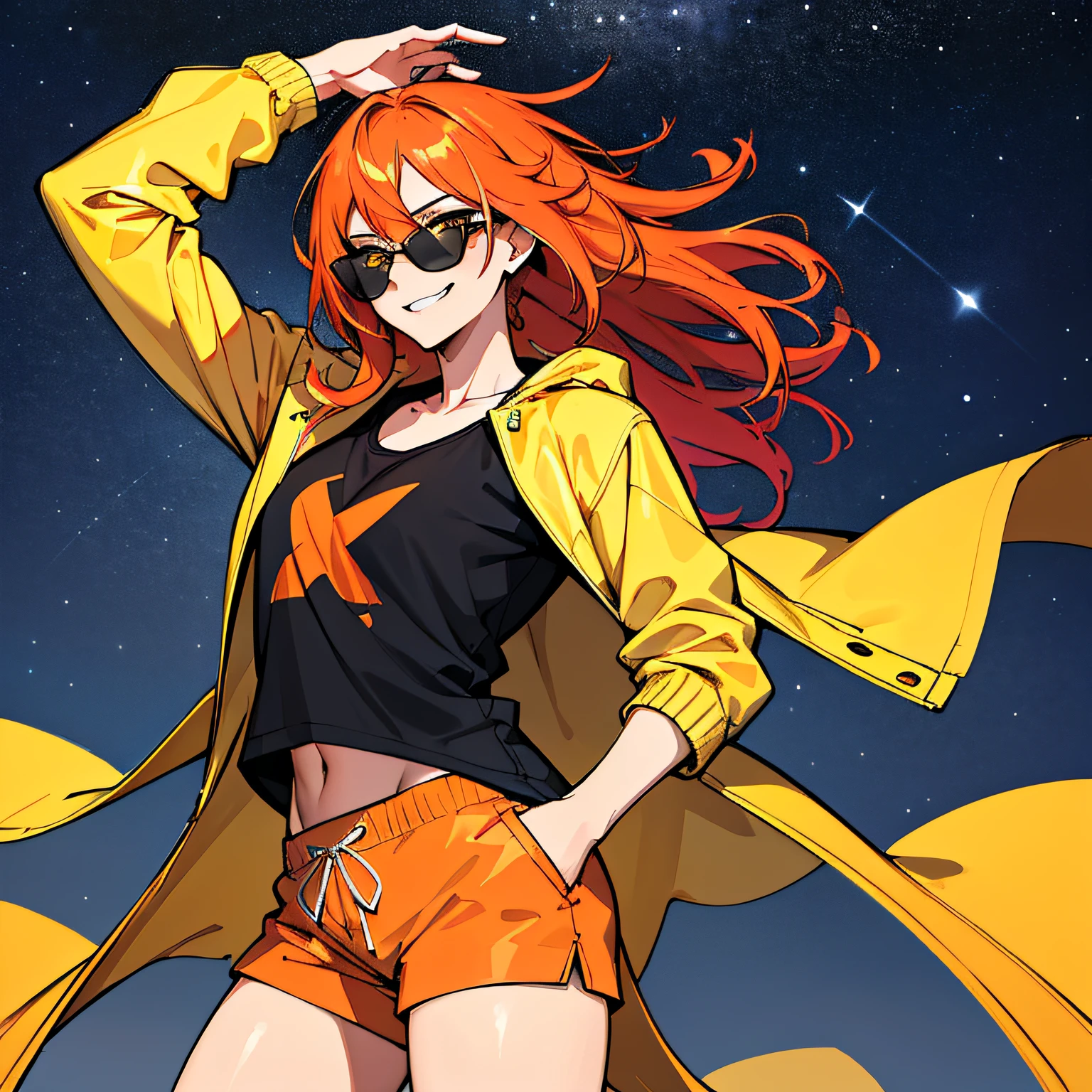 (absurdres, 8k, 4k, masterpiece, hyper extreme detailed:1.2), solo, 1girl, front view portrait, best quality, expressive eyes, perfect face, 1girl, portrait, solo, Female, mature female, adult, red hair, orange gradients, hair covering eye, medium hair, cool, confident, white shorts, wild hair, messy hair, night time, cowboy shot, half body, perfect anatomy, flowing hair, windy hair, wind, fearless, cool, badass, shirt, rugged, golden eyes, starry night sky, stars, night, smirk, badass, heroic, black graphic t-shirt, white jacket, hands in pockets, sunglasses, smirk, phoenix,