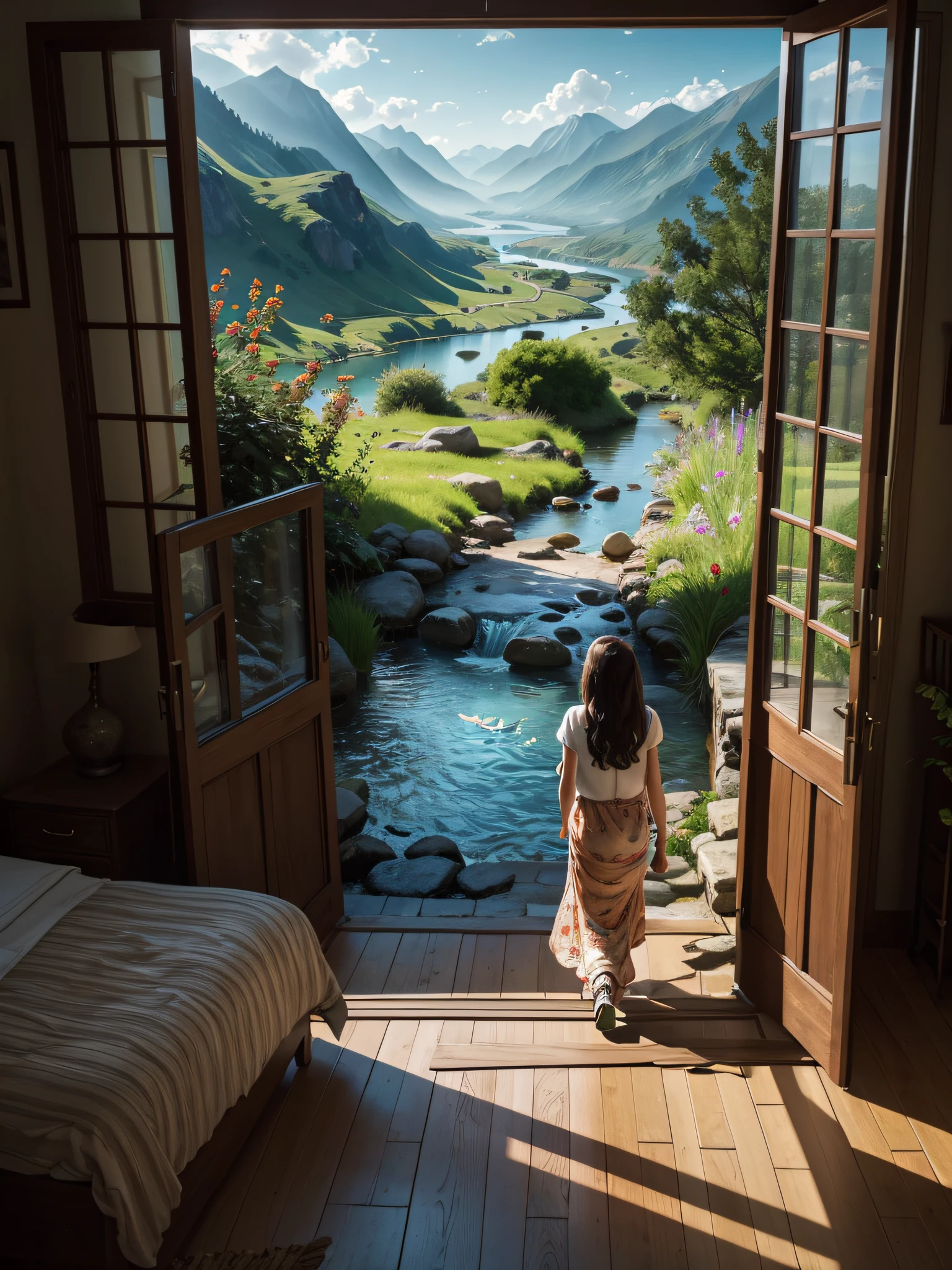 The scene is at the entrance of a room. A young 20 year old girl dragging a suitcase has just walked out the door of her room, Inside the room is a neat teenage bedroom, and outside the room is a view of nature, Outside the door, a dreamlike landscape unfolds with rolling mountains, a babbling brook, and charming butterflies. The overall illustration style is somewhat realistic, with bright colors, in line with a commercial illustration style,Epic Wide Shot,Superb perspective
,Hyperdetailed，tmasterpiece，Best quality，Detailed