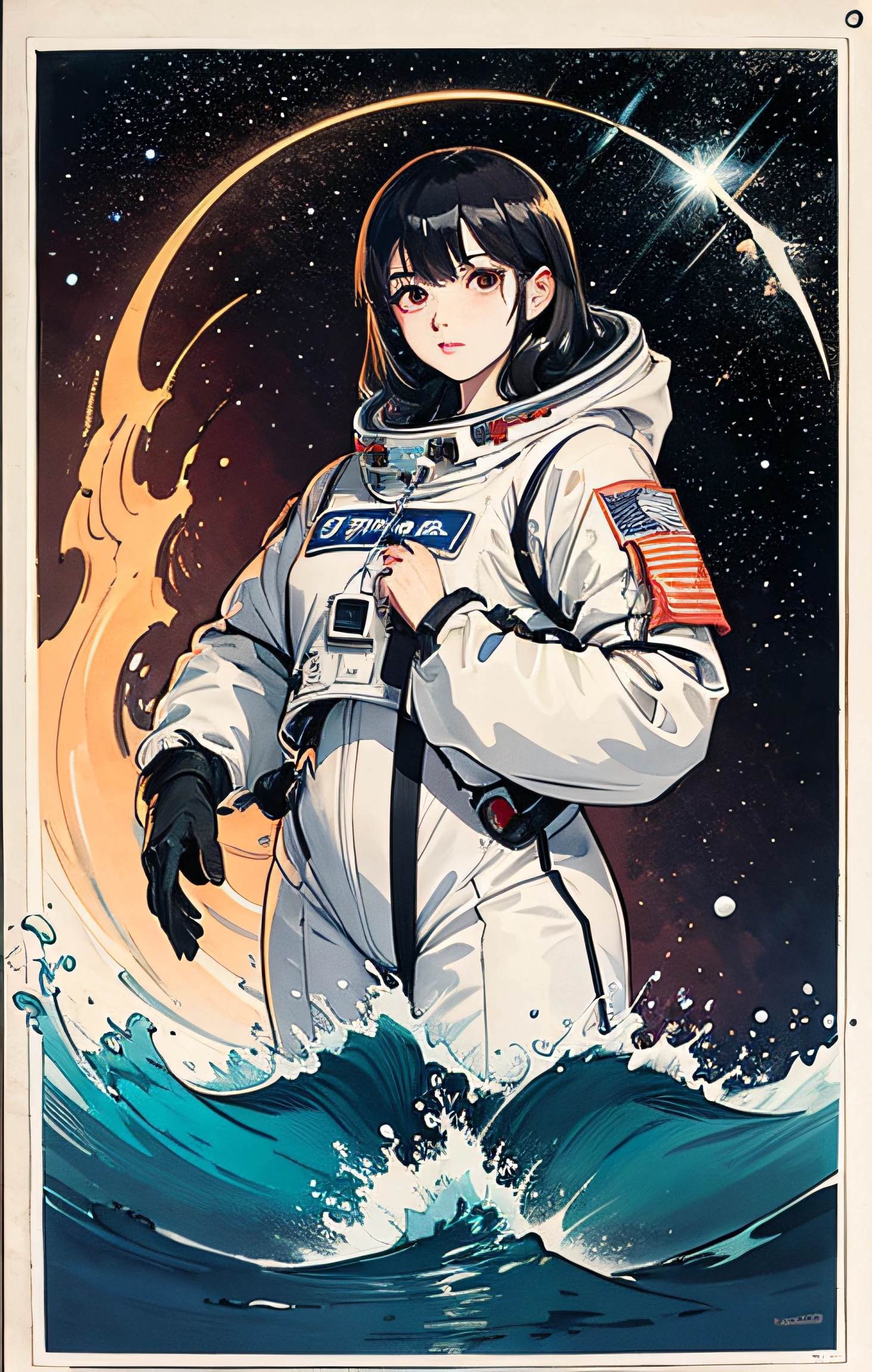 1girl,pechos_grandes,lindo,hermosos ojos detallados,cabello brillante,Visible through hair,vellos entre los ojos,CCCPposter,sovietposter,monocromo rojo,sovietposter,soviet,comunismo,Black_hair,red_eyes,vampire,teenage,poorbreast,Spacesuit:Orange_clothing_body:mono ), guantes_blancos, zapatos_espaciales_blancos, casco_blanco, las letras rojas CCCP en la parte superior del casco, ingravidez, luz lateral, reflejo, la persona con el traje espacial ajustado asu cuerpo detallado, It's at the bottom left of the frame, The right hand is extended, the right hand gently touches the Salyut space station), space station in the upper-right corner of the screen, luz reflejada del sol, metal plateado, bandera roja, brillo, estilo URSS, reflejo difuso, metal texture, la vista es una Tierra azul, estilo mecha ,el mar de estrellas,tono alto, magnifico