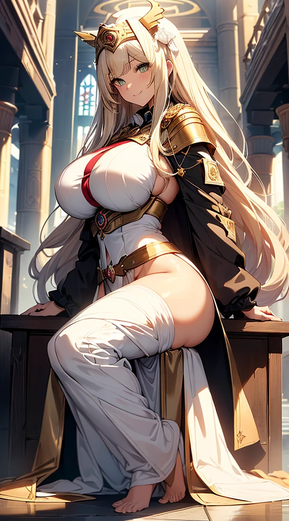 ((masterpiece)), ((high quality)), ((super detailed)), ((high resolution)) , a beautiful woman, ((She is one of the most famous high priestess.)), beauty, ((huge breasts)), ((large ass)), deep cleavage, slim waist, chest out, ultra detailed face, perfect skin, ((((waist length hair, long straight golden hair, crossed bangs)))), green eyes, whole body image, sexy, an inviting smile, (((anime))), ((glamorous)), sexual attraction ,23 years old, ((incredibly beautiful woman)),  ((((provocative)))), ((The H cup bust)), sexy pose, ((neat and clean.)),  ((((high priestess)))), ((saint)),  (((white colored costume))), anime:1.4,