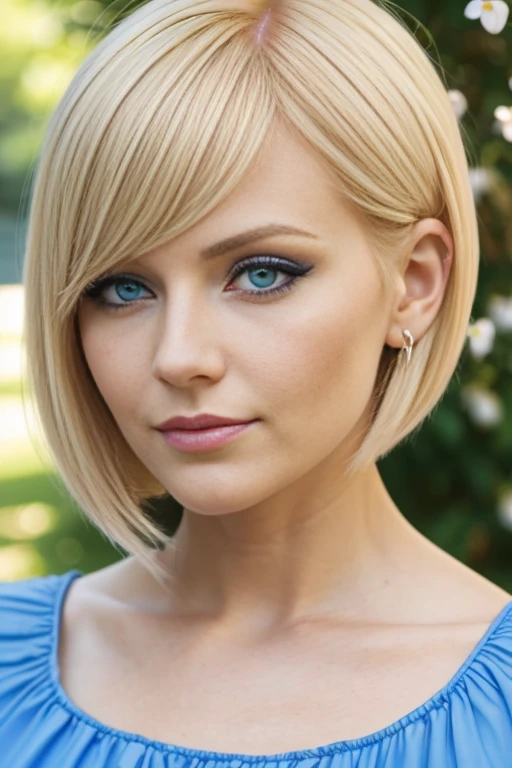 Petite 30 year old woman with orange blonde hair in an asymmetric bob and striking blue eyes wearing eye liner, pink lips, in a blue summer dress, detailed face