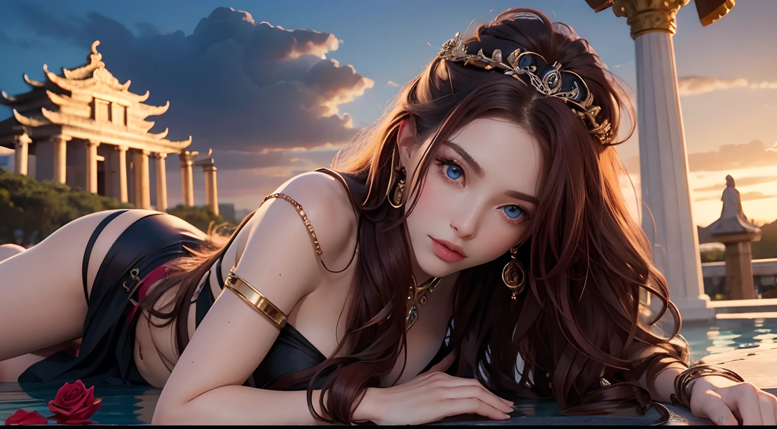 8K high-definition,Sexy goddess,The facial features are extremely beautiful,body shape is slim,eBlue eyes,long leges,Bigchest,Red long-haired,curlies,The five fingers of the hand are clearly visible,Lie down in a pool,artistic pose,Background with,Rose bushes,Temple of Athena,Doomsday sky,Singular clouds,Close-up after sunset