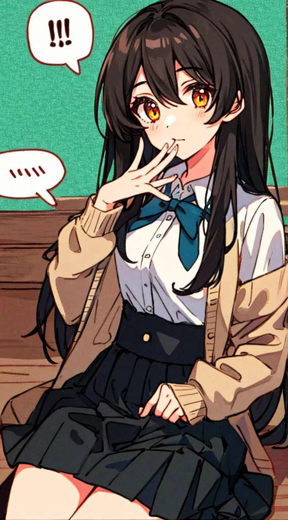 Hori Kyouko, 1 girl, black skirt, black stockings, brown hair, cardigan, closed mouth, collared shirt, dress shirt, hair between eyes, hand up, Katagiri high school uniform, long hair, long sleeves, looking at the viewer, orange eyes, school uniform, shirt, sitting, skirt, alone, speech bubble, divided mouth, thighs, white shirt.