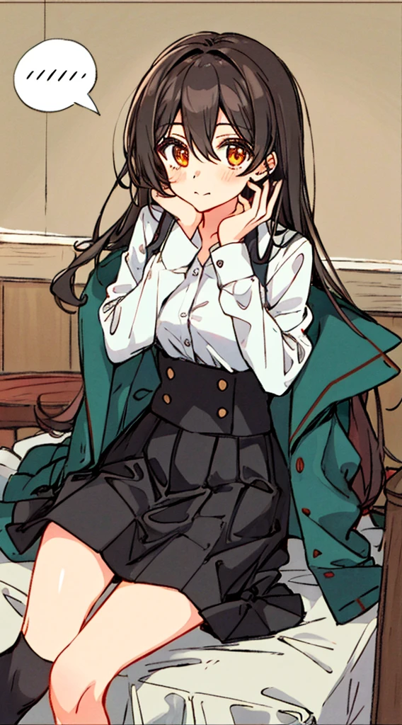Hori Kyouko, 1 girl, black skirt, black stockings, brown hair, cardigan, closed mouth, collared shirt, dress shirt, hair between eyes, hand up, Katagiri high school uniform, long hair, long sleeves, looking at the viewer, orange eyes, school uniform, shirt, sitting, skirt, alone, speech bubble, divided mouth, thighs, white shirt.