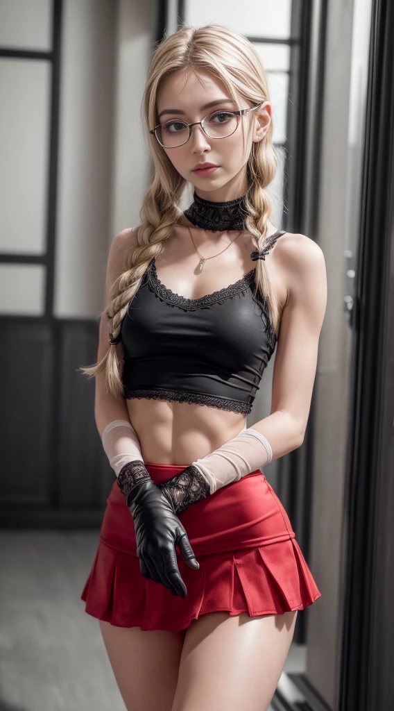 (8K, Masterpiece, RAW photo, Best quality, detail:1.3), (ultra realistic:1.4, scenary, 8K), Depth of field, Cinematic light, (ultra realistic face), 1girl, (Beautiful and elegant Russian girl), (tight red pants:1.4), (skinny girl with glasses), (European face:1.3), (natural abs exposed:1.2), (full body:1.3), (tight black minitop:1.2), (small necklace, collarbone:1.1), (plaits hair), (ultra detailed skin:1.4), (soft fabric miniskirt:1.3), (tight gloves), (tight black miniskirt:1.3)