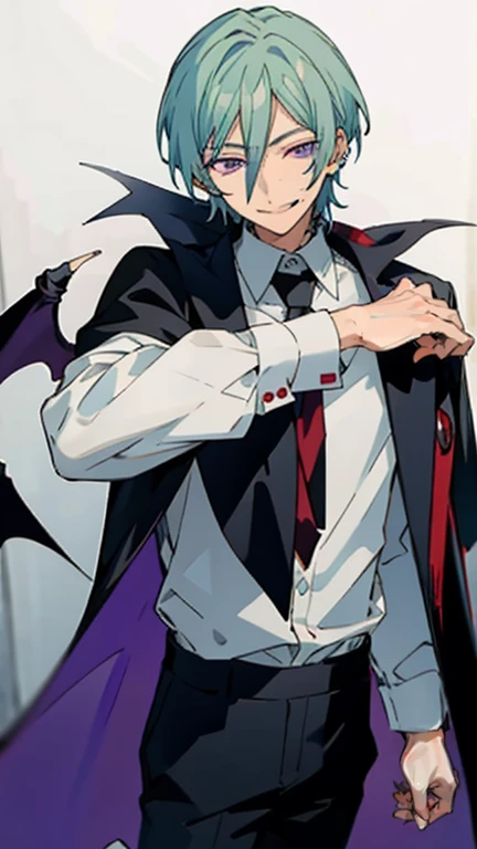 tatsumies, purple eyes, looking at viewer, smile, smirk, blue eyes, shirt, long sleeves, hair between eyes, white shirt, male focus, earrings, collared shirt, pants, vampire, devil, black suit, black pants, vampire cape