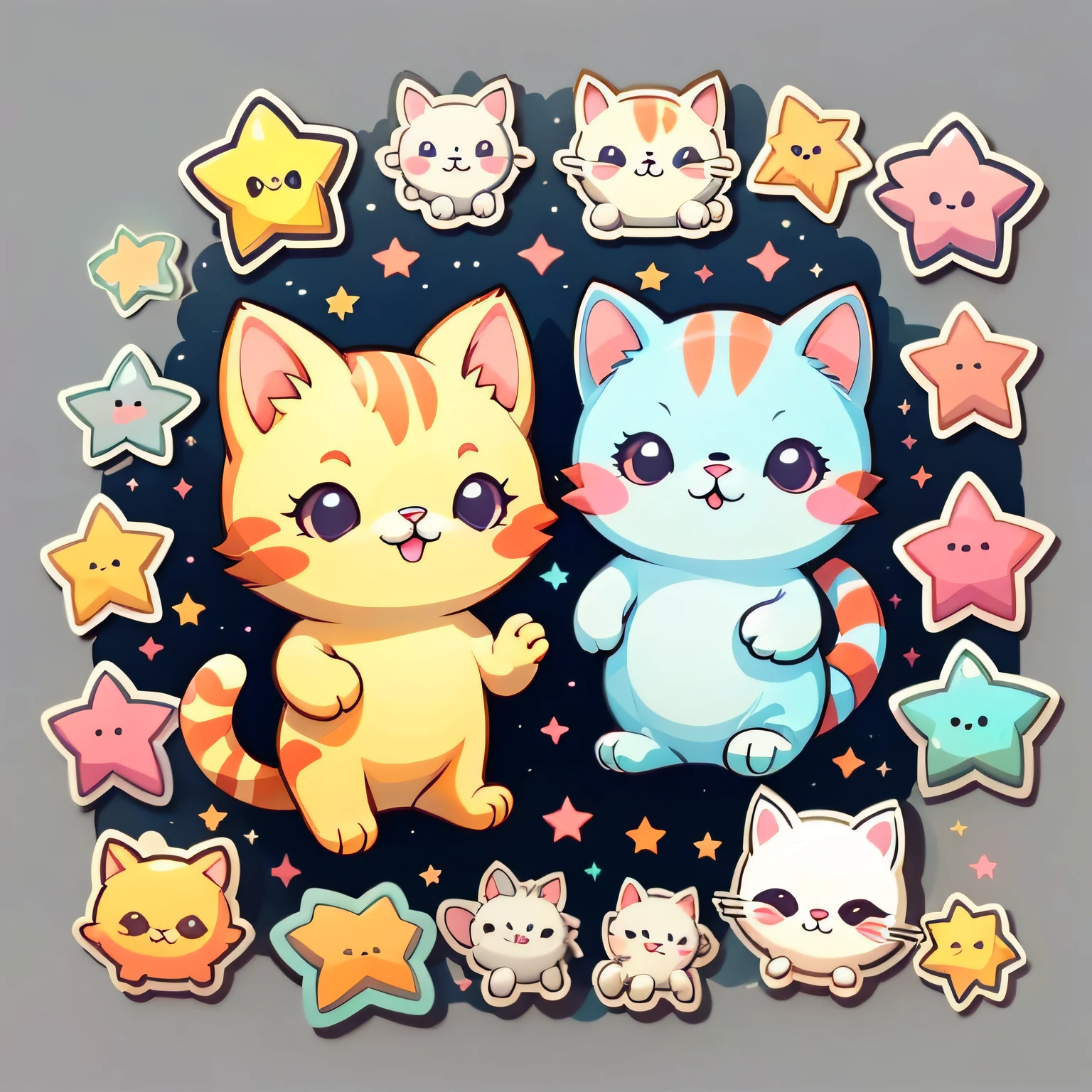 1 sticker, sticker, (cute, cat), stars, white background, no background, simple background, minimal, cute, tiny, pastel color, vector style, no gradient,