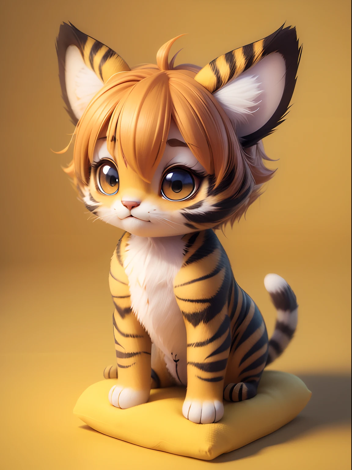 3D Chibi soft and fluffy pixie TIGER 3D, by style of Bonnie Hetherington Robson, 8K, product photo, simple yellow background