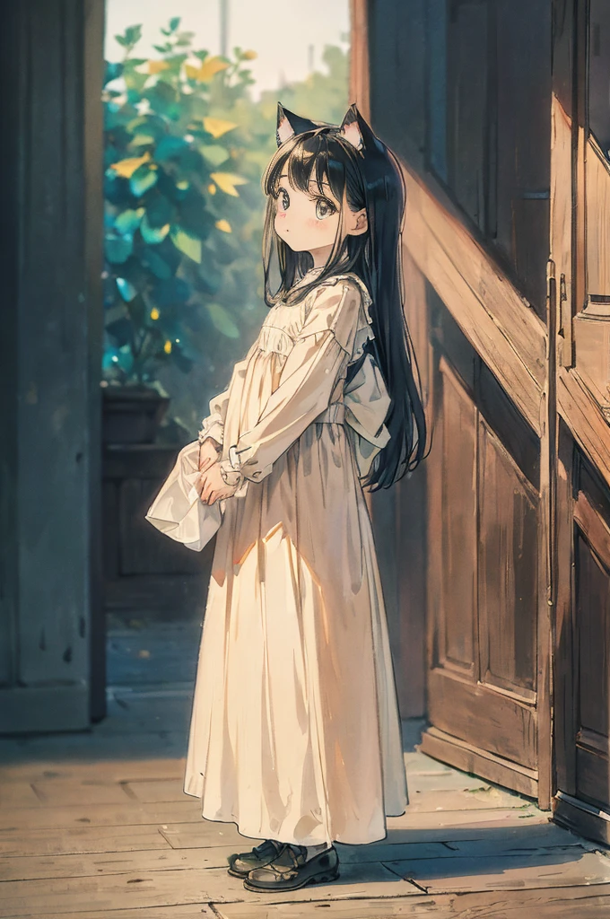 cat girl, whole body, standing shyly, hands clenching her clothes, long dress, fantasy background