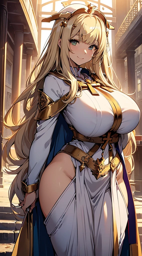((masutepiece)), ((High quality)), ((Ultra-detailed)), ((High resolution)) , Beautuful Women, ((She is one of the most famous high priests.)), Beauty, ((Huge breasts)), ((big butts)), breasts deep cleavage, Slim waist, Chest out, hyperdetailed face, Perfect Skin, ((((Waist-length hair, long straight golden hair, crossed bangs)))), Green eyes, Whole body image, 8th class, A sexy, An inviting smile, (((Anime))), ((Glamorous)), Sexual attraction ,23 years old, ((Incredibly beautiful woman)), ((((Provocative)))), ((H Cup Bust)), Sexy Pose, ((Neat and clean woman.)), ((((high priestess)))), ((Saint)), (((Costume of white color))), animesque:1.4, nipple,