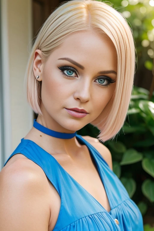 Petite 30 year old woman with yellow hair in an undercut bob and striking blue eyes wearing eye liner, pink lips, in a blue summer dress, detailed face