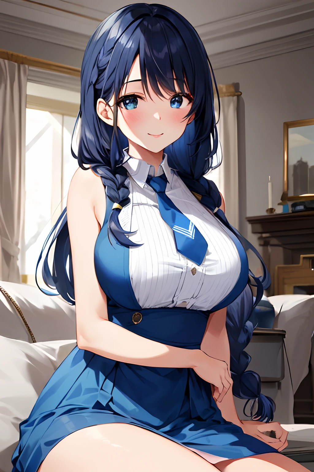 masterpiece, high quality, 8k, beautiful lighting, 1girl, solo, Kurokawa Akane (Oshi no Ko), LoRA, indigo hair, blue green eyes, blue necktie, long blue dress, waist length hair, mommy, Braid hair below left shoulder, 32 years old, upper body, portrait, bush, looking at viewer, buildings, in a luxurious living room, breast size I cup, smile