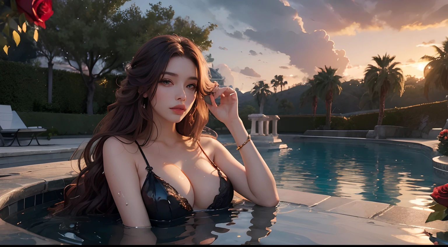 (best quality,8k,highres,masterpiece:1.2),ultra-detailed,realistic:1.37,sensual goddess,beautiful eyes,luscious lips,slim figure,long legs,ample bosom,red long hair,cascading curls,fingers with clear details,lying in a pool of water,artistic pose,background of rose bushes,Athena's temple,apocalyptic sky,eerie clouds,close-up shot after sunset