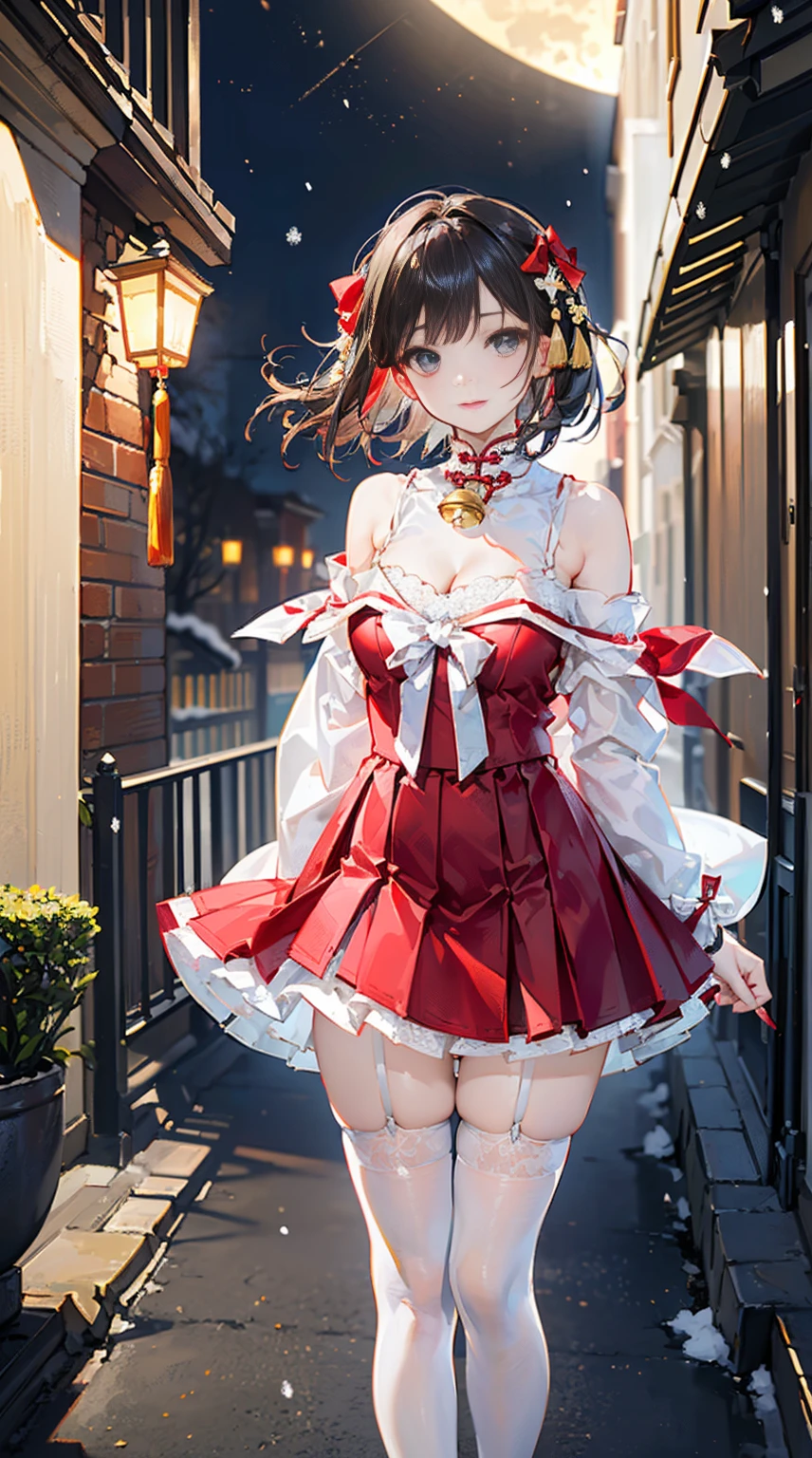 (1girll, exposed bare shoulders:1.5,shadowing:1.4,moon in the night:1.7,janelas)(depth of fields, Bokeh, Photorealism,Large breasts:1.4,cleavage,鎖骨:1.5,Crystal eyes)(ar old,Princesa chinesa antiga:1.6,Detailed snow)(Be red in the face:1.5,Sexy waist-hip ratio,ssmile,Small red lips:1.4,eye shadows:1.2,White gorgeous long-sleeved tulle hanfu short skirt:1.5,Wear a red bow:1.4,white stockings,French bangs,Cute short hair:1.4,Chinese Ancient Architecture,The wind blows the hair,Tie a bell around your neck)(On the streets of antiquity,Fleshy legs are white,heavy snowy)