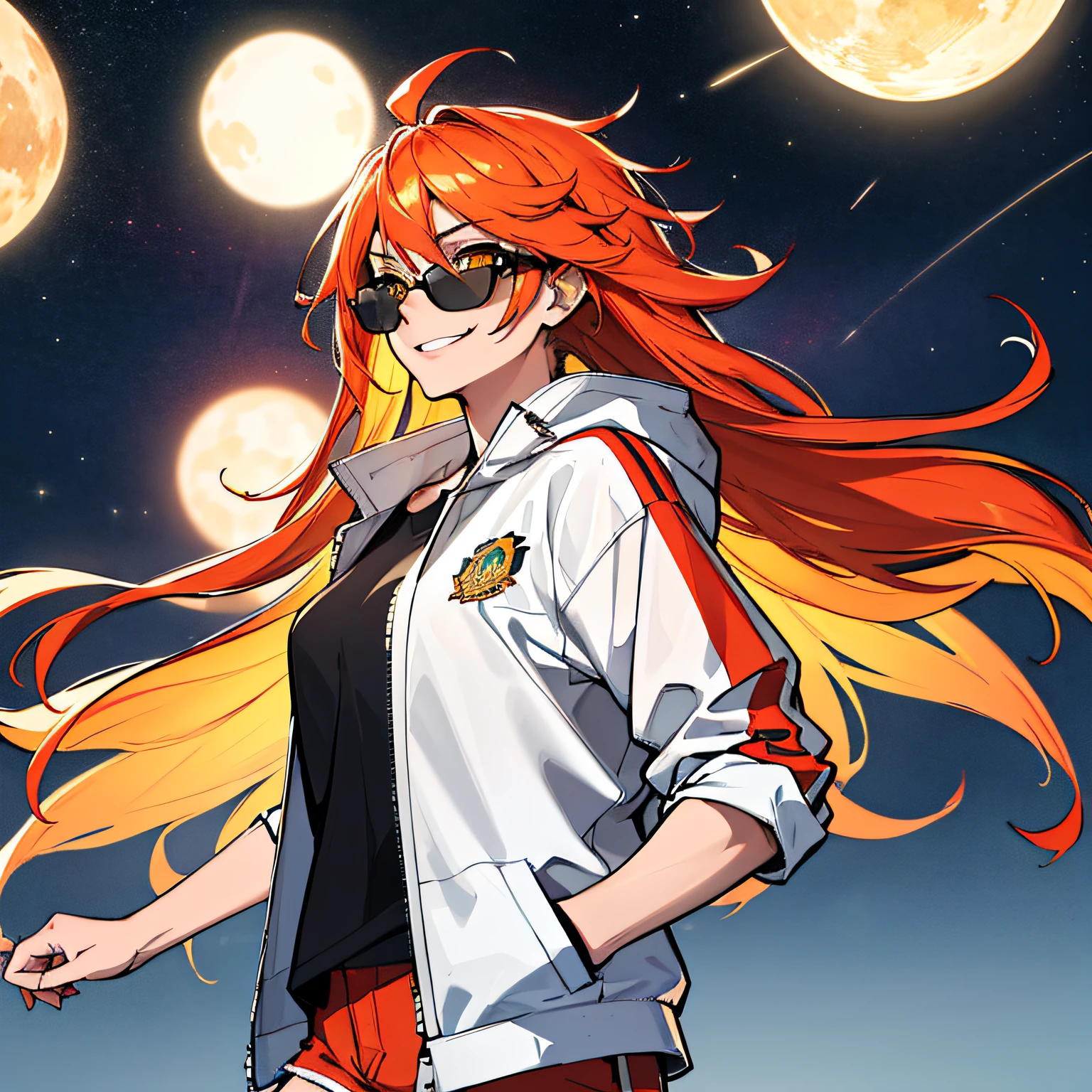 (absurdres, 8k, 4k, masterpiece, hyper extreme detailed:1.2), solo, 1girl, front view portrait, best quality, expressive eyes, perfect face, 1girl, portrait, solo, Female, mature female, adult, red hair, orange gradients, hair covering eye, medium hair, cool, confident, white shorts, wild hair, messy hair, night time, cowboy shot, half body, perfect anatomy, flowing hair, windy hair, wind, fearless, cool, badass, shirt, rugged, golden eyes, starry night sky, stars, night, smirk, badass, heroic, black graphic t-shirt, white jacket, hands in pockets, sunglasses, smirk,