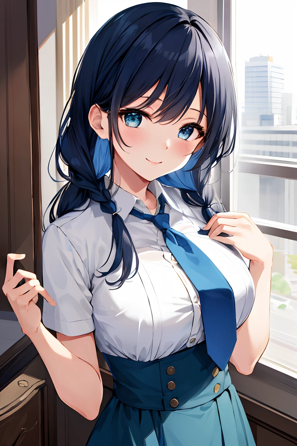 masterpiece, high quality, 8k, beautiful lighting, 1girl, solo, Kurokawa Akane (Oshi no Ko), LoRA, indigo hair, blue green eyes, blue necktie, long blue dress without uniform, waist length hair, mommy, Braid hair below right shoulder, 32 years old, upper body, portrait, bush, looking at viewer, buildings, in a luxurious living room, breast size I cup, smile, without tie