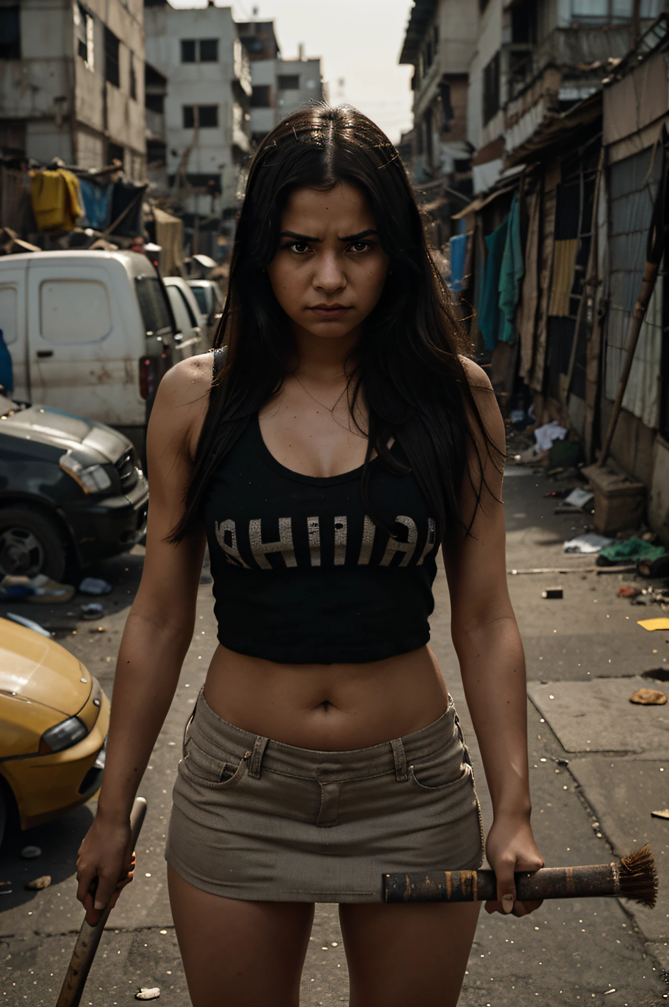 an angry young woman in her 20s holding a broom, blurred background of a slum, high definition, cinematic