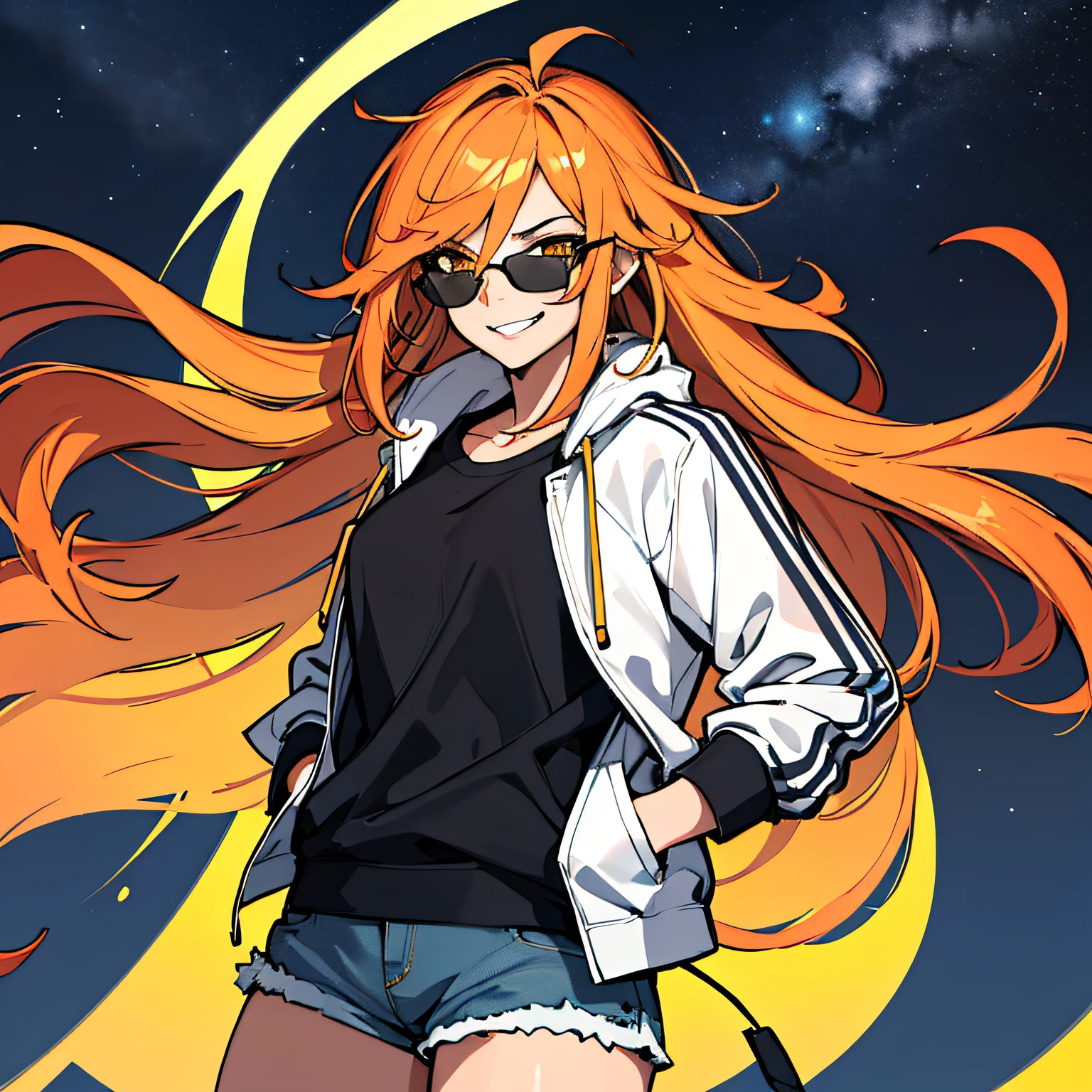 (absurdres, 8k, 4k, masterpiece, hyper extreme detailed:1.2), solo, 1girl, front view portrait, best quality, expressive eyes, perfect face, 1girl, portrait, solo, Female, mature female, adult, red hair, orange gradients, hair covering eye, medium hair, cool, confident, white shorts, wild hair, messy hair, night time, cowboy shot, half body, perfect anatomy, flowing hair, windy hair, wind, fearless, cool, badass, shirt, rugged, golden eyes, starry night sky, stars, night, smirk, badass, heroic, black graphic t-shirt, white jacket, hands in pockets, sunglasses, smirk,