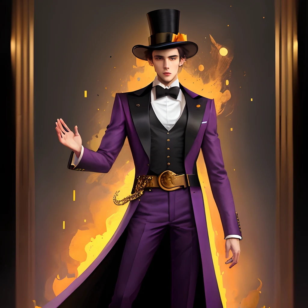 A tall lanky “person” man with long arms purplish red suit with golden belt golden boot laces with black boots big orange visor and top hat and bow tie with flamboyant pose
