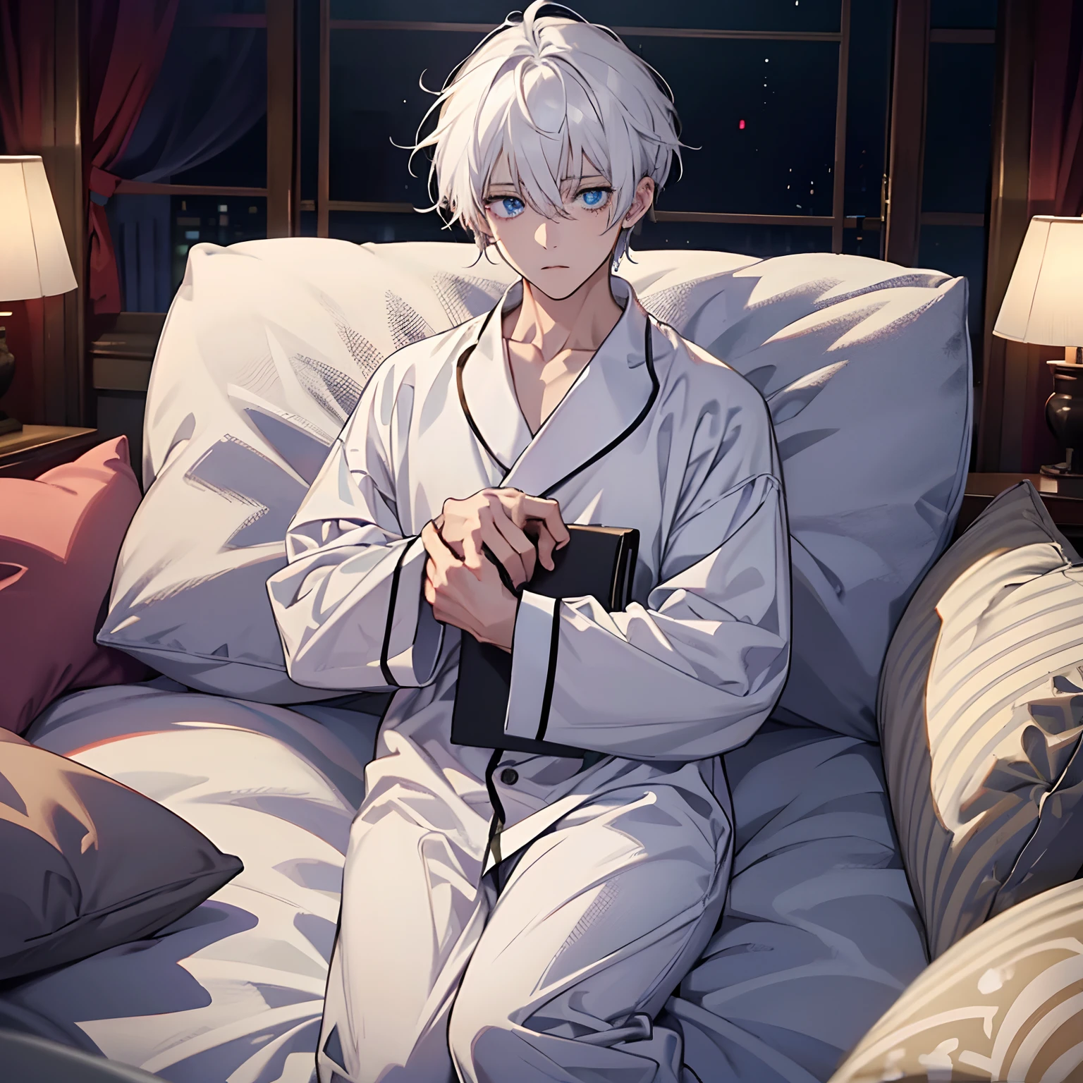 high-level image quality、White hair、s Pajamas、、、Sleeping habits、、An ultra-high picture quality、Looking at this、Beautiful eyes、While holding the cushion and staring at it、youthfulness、high-level image quality、8K、Male child、Sleepy face、One Boy、ember、on the beds、natta、An ultra-high picture quality、One Person、It's dark outside、、Holding a cushion in your hand、Sick