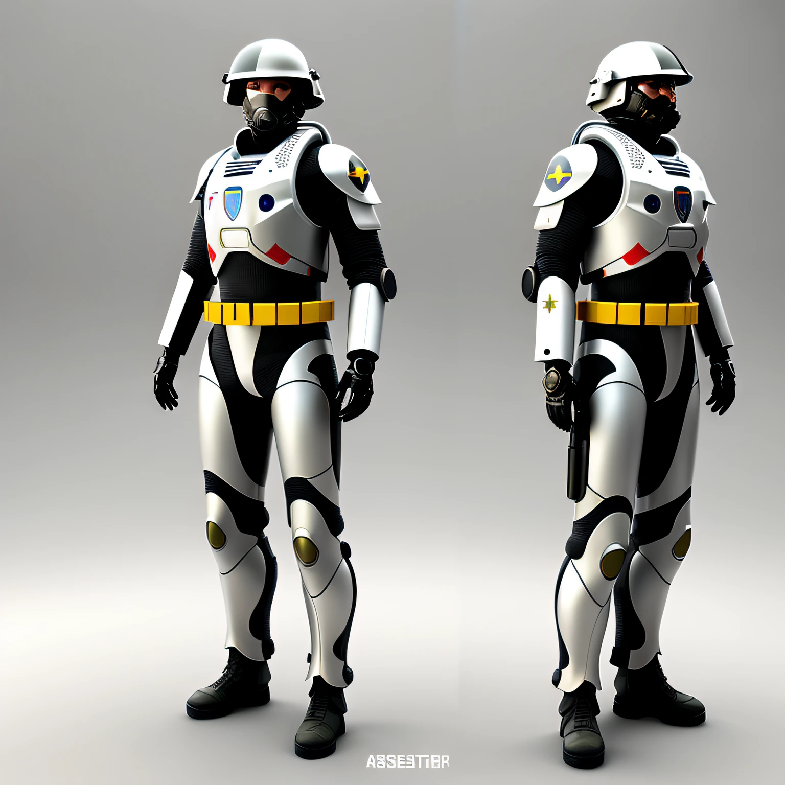 A soldier in a military-futuristic costume, Dome on the head, face cloaseup, Mechanical suit on bright white background, whitebackground, White background for asset, t-pose, full length, For the asset, For the game, asset