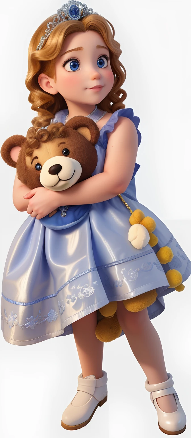 A curly blond 2-year-old child wearing a silver tiara is holding a blue dressed teddy bear, perfect quality