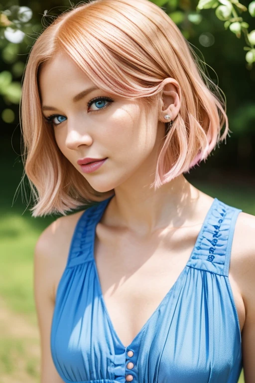 Petite 30 year old woman with light strawberryblonde hair in an undercut bob and striking blue eyes wearing eye liner, pink lips, in a blue summer dress, detailed face