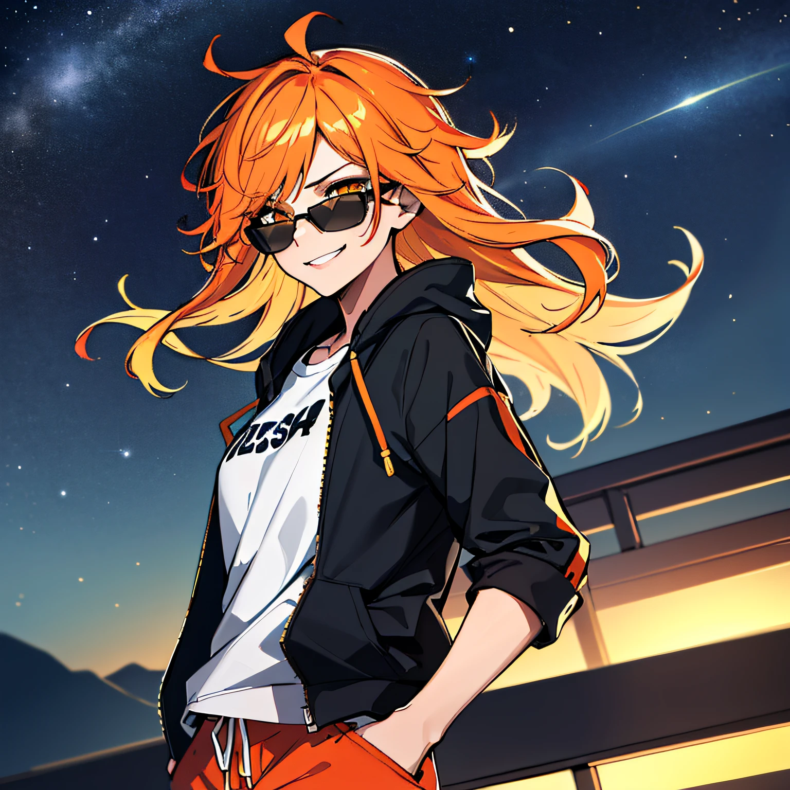 (absurdres, 8k, 4k, masterpiece, hyper extreme detailed:1.2), solo, 1girl, front view portrait, best quality, expressive eyes, perfect face, 1girl, portrait, solo, Female, mature female, adult, red hair, orange gradients, hair covering eye, medium hair, cool, confident, white shorts, wild hair, messy hair, night time, cowboy shot, half body, perfect anatomy, flowing hair, windy hair, wind, fearless, cool, badass, shirt, rugged, golden eyes, starry night sky, stars, night, smirk, badass, heroic, black graphic t-shirt, white jacket, hands in pockets, sunglasses, smirk,