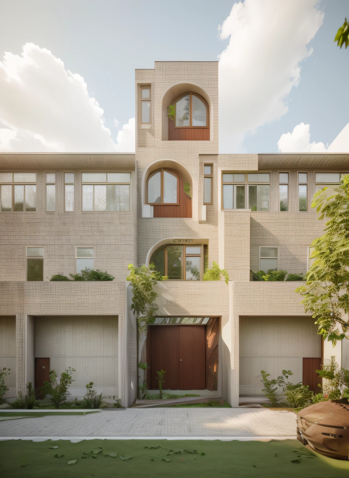 TOWNHOUSE, MODERN STYLE, VRAY RENDER, SURROUNDED WITH GREEN TREES, WARM TONES, CLOUDY SKY, MORNING