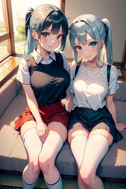 Young girls，double-ponytail，Pale blue hair，red color eyes，JK school uniform，solo person，Maid skirt，white stockings，White knee-length socks，Suspenders，looking to the camera，in a panoramic view，Lying on the couch，Five black males，White T-shirt，denim pant，Smiling at the girl，Masterpiece，Best quality，Japanese style binding，tatami mats，bedroom background，4k，Outstanding work。