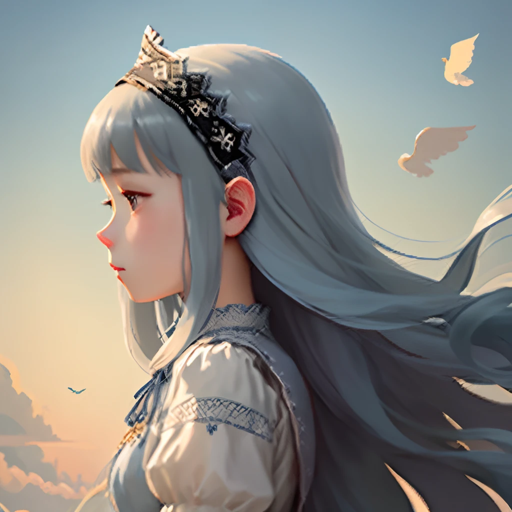 Pale light blue antique dress、Girl with long hair of dull blue-brown color、Blunt bangs、profile、Pixel art、Pixel Art Illustration、pixels、Plain background、Upper body、For icons、pixels_Art Book,Composition centered on the face、Straight face、Gothic headdress、pixels、Game-style illustration、Pixel art、pixels、Light shading、Fluttering hair、Back hair fluttering in the wind
