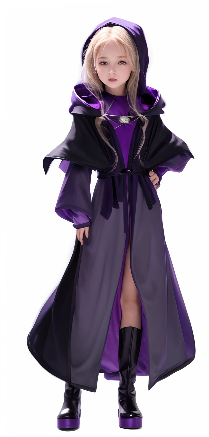 arafed girl in a long coat and boots standing in front of a white background, full body white purple cloak, witc, full body purple cloak, dark sorceress fullbody pose, in dark purple robes, dark robed witch, wearing dark robe, dark witch, dark flowing robe