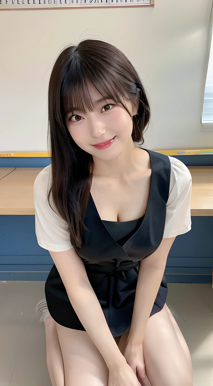 (top-quality,8K picture quality,masterpiece:1.3,),(超A high resolution,Photorealsitic:1.4,Raw photography),(ultra-detailliert,shinny skin,Detailed skin),(Detailed face,Perfect Anatomy,Caustics),(Front view:1.4),(Overhead view:1.2),(Kneeling:1.4),(composition from the waist up:1.1),(ergarten classroom:1.2),女の子1人,kawaii,japanes,22year old,Japanese ido,glossy dark hair,Short ponytail,(Focus Face),natural make up,looking happy smile,(Looking at the camera:1.1),pinafore,tshirts,(large boob:1.1),(cleavage of the breast),JINS,natural soft light,