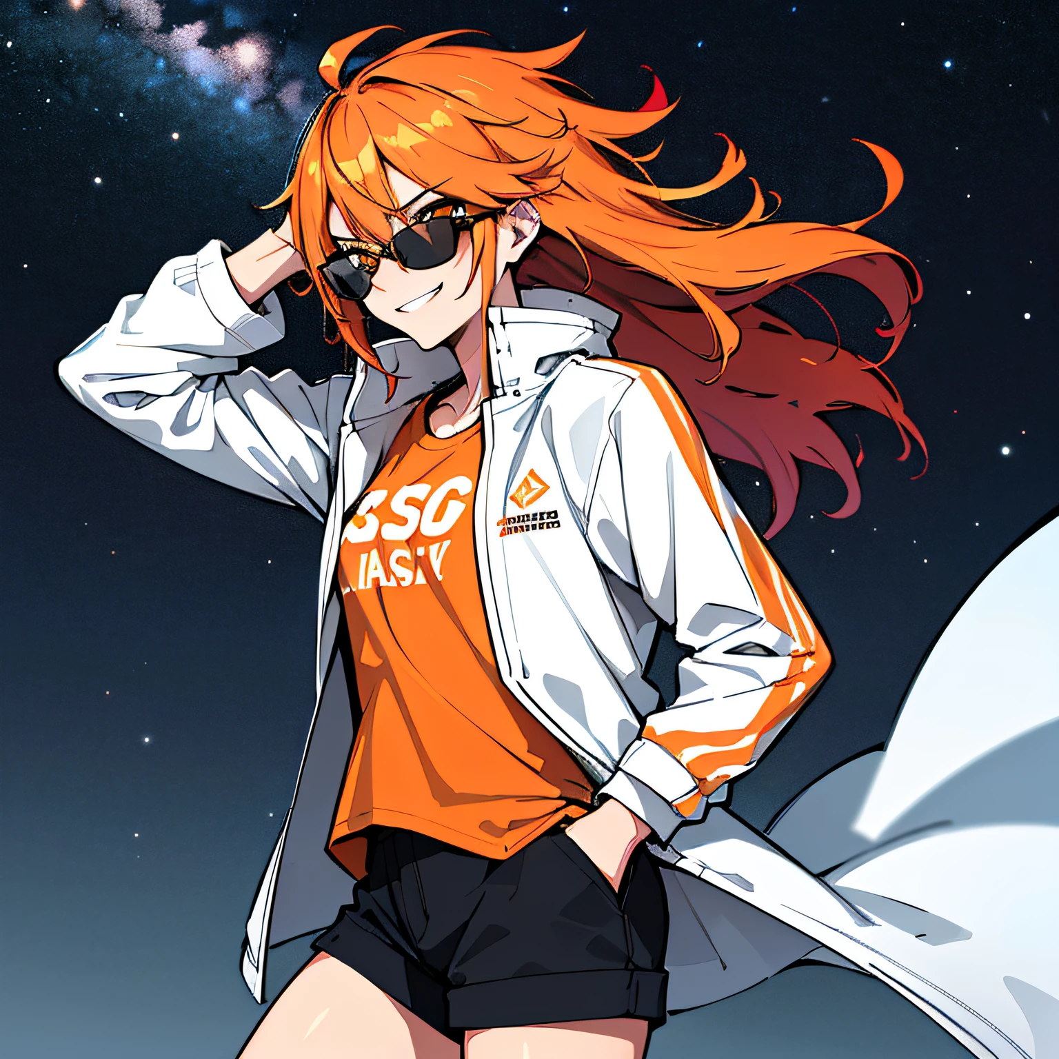 (absurdres, 8k, 4k, masterpiece, hyper extreme detailed:1.2), solo, 1girl, front view portrait, best quality, expressive eyes, perfect face, 1girl, portrait, solo, Female, mature female, adult, red hair, orange gradients, hair covering eye, medium hair, cool, confident, white shorts, wild hair, messy hair, night time, cowboy shot, half body, perfect anatomy, flowing hair, windy hair, wind, fearless, cool, badass, shirt, rugged, golden eyes, starry night sky, stars, night, smirk, badass, heroic, black graphic t-shirt, white jacket, hands in pockets, sunglasses, smirk,