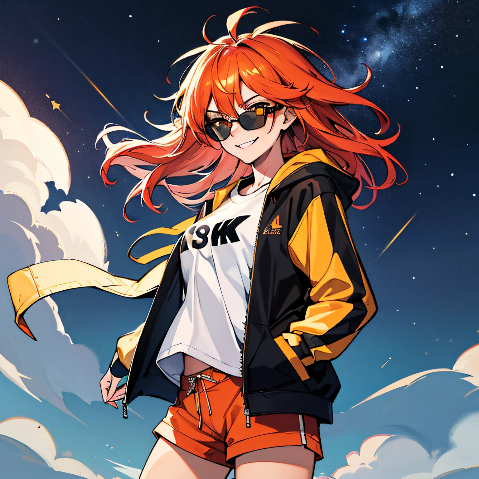 (absurdres, 8k, 4k, masterpiece, hyper extreme detailed:1.2), solo, 1girl, front view portrait, best quality, expressive eyes, perfect face, 1girl, portrait, solo, Female, mature female, adult, red hair, orange gradients, hair covering eye, medium hair, cool, confident, white shorts, wild hair, messy hair, night time, cowboy shot, half body, perfect ???????, flowing hair, windy hair, wind, fearless, cool, badass, shirt, rugged, golden eyes, starry night sky, stars, night, smirk, badass, heroic, black graphic t-shirt, white jacket, hands in pockets, sunglasses, smirk,