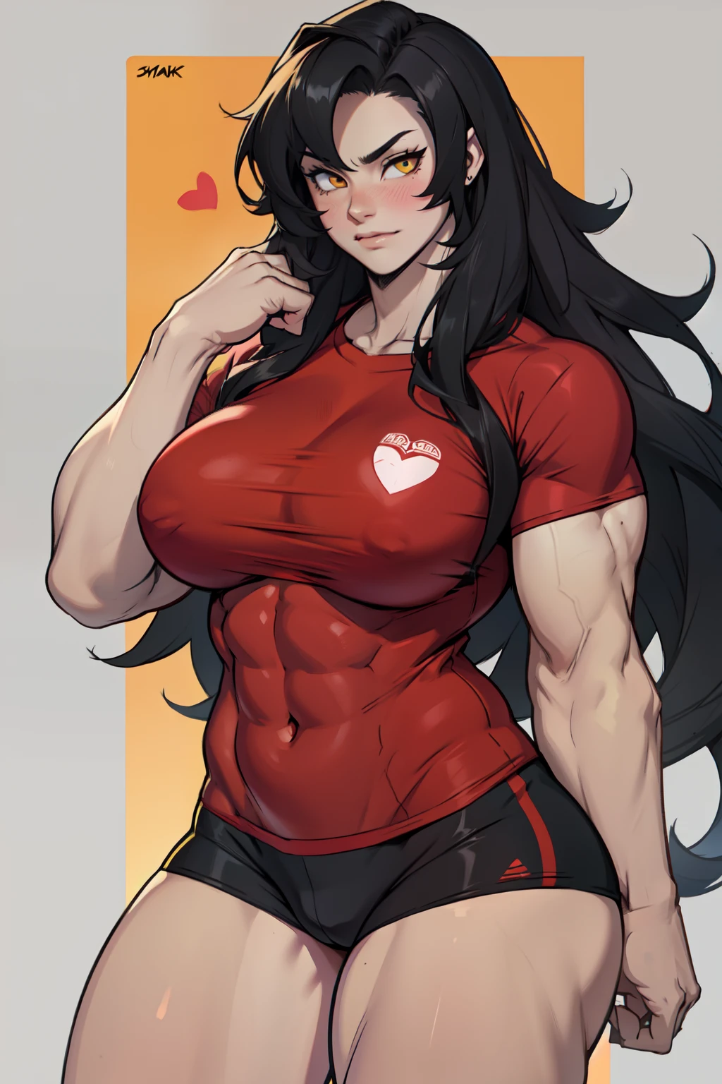 ((1girl)) pale skin large breasts (muscular) toned body thick thighs black hair yellow eyes (very long hair grey background) bodybuilder tight red shirt blushing (heart)