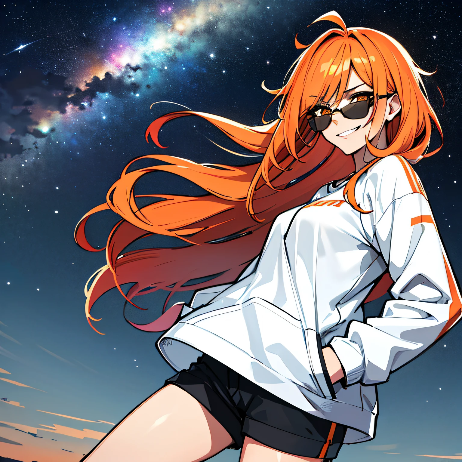(absurdres, 8k, 4k, masterpiece, hyper extreme detailed:1.2), solo, 1girl, front view portrait, best quality, expressive eyes, perfect face, 1girl, portrait, solo, Female, mature female, adult, red hair, orange gradients, hair covering eye, medium hair, cool, confident, white shorts, wild hair, messy hair, night time, cowboy shot, half body, perfect anatomy, flowing hair, windy hair, wind, fearless, cool, badass, shirt, rugged, golden eyes, starry night sky, stars, night, smirk, badass, heroic, black graphic t-shirt, white jacket, hands in pockets, sunglasses, smirk,