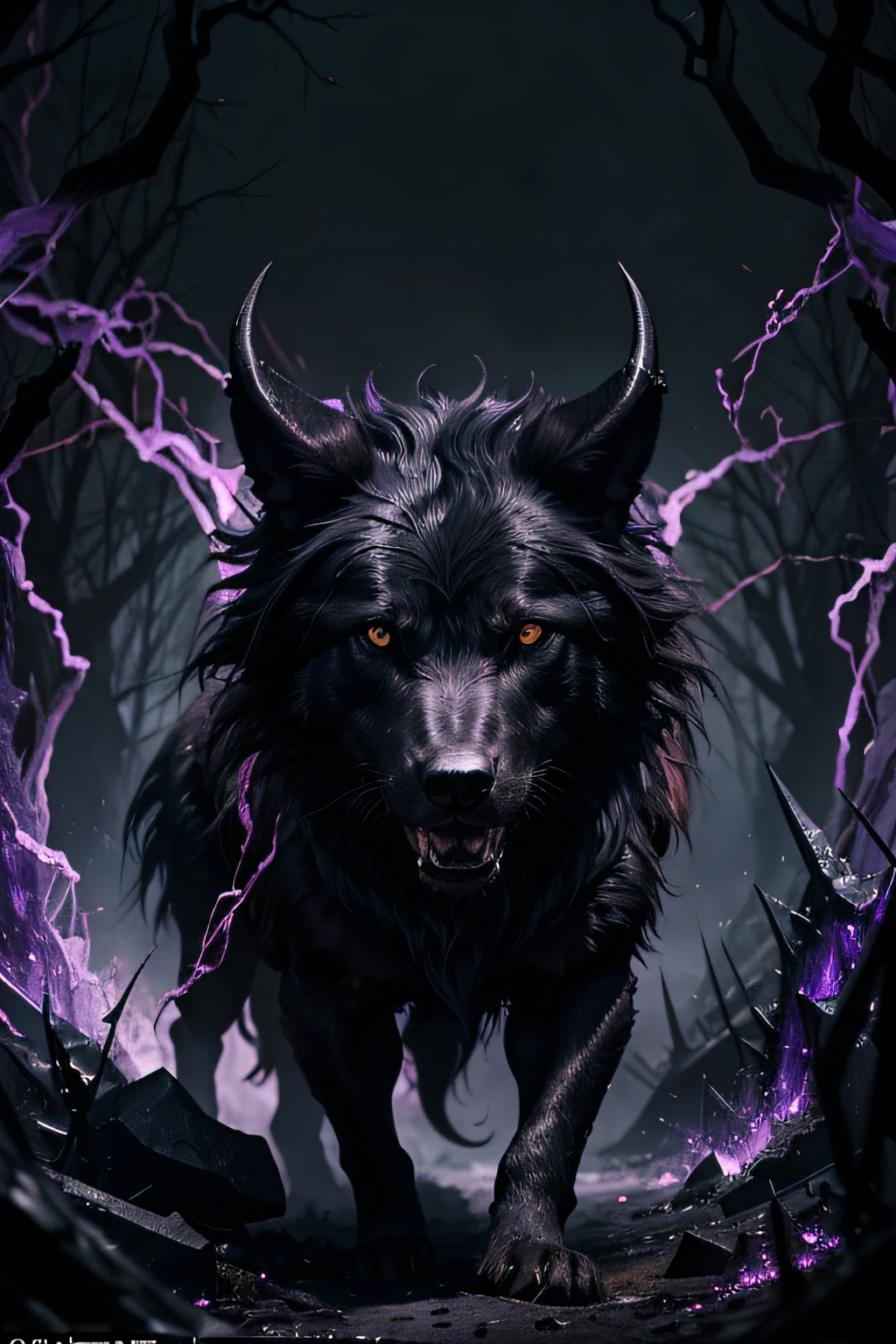 a black dire wolf, purple eyes, horns protruding from its head, each twisting like a gnarled branch as they came to a sharp point behind its ears, fur jutted out in hard spikes, gleaming like obsidian beneath the sharp-edged blades of purple flames that danced over him, purple flames