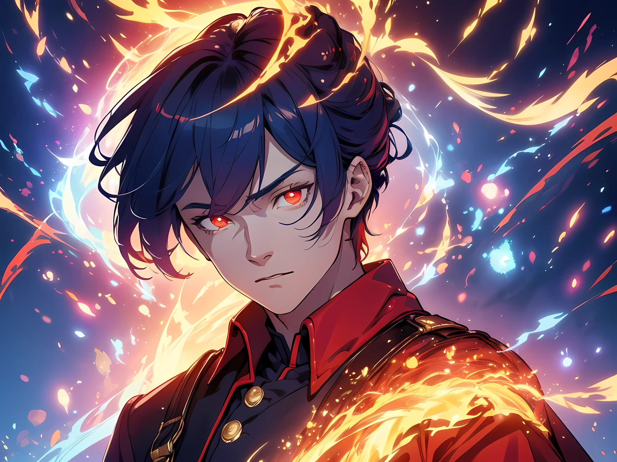 (ultra-detailed, perfect pixel, highres, best quality, beautiful eyes finely detailed), 19 years old boy, have power like demon god in manhwa, full of demonic aura, angry facial expression, red eye color (glowing red eyes), blue hair (half of his hair covered with blue flame), with aristocrat style outfit, elegant, detective, realistic fire, the background is full of magical particles and realistic blue fire. lens flare, glowing light, reflection light, motion blur, 8k, super detail, ccurate, best quality, Ray tracing.