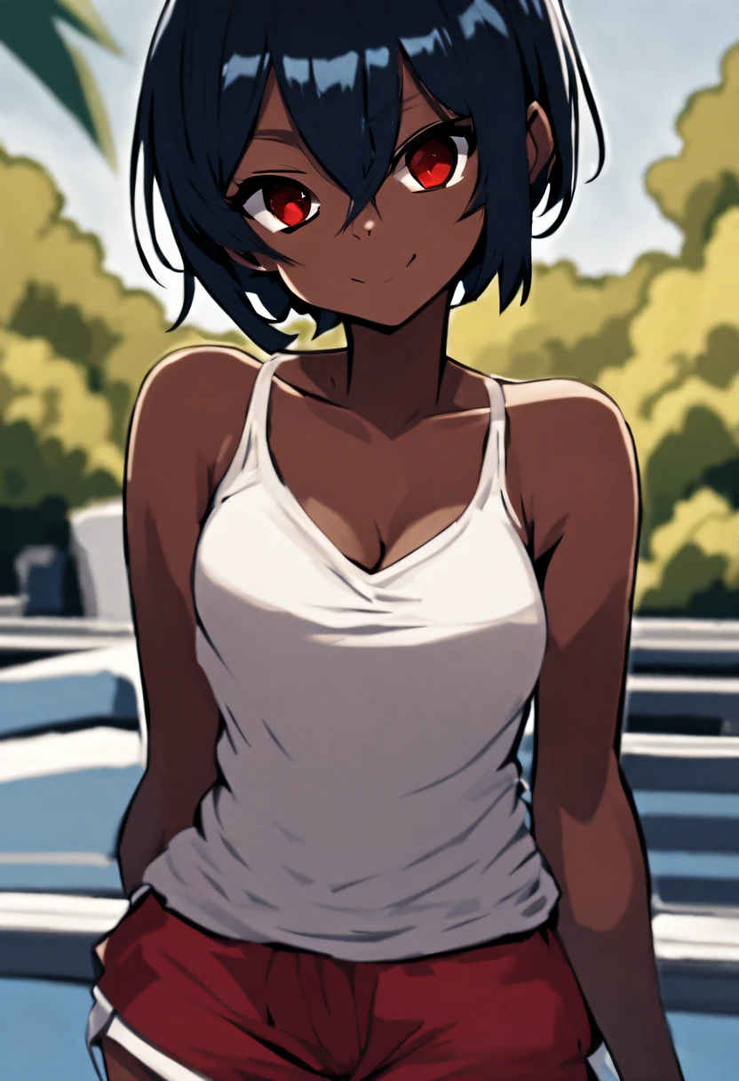 1girl, KUON, short hair, black hair, blue inner hair, tsurime, red hairclip, red eyes, thick eyebrows, dark skin, large brests, clothes, upper body:1.2,