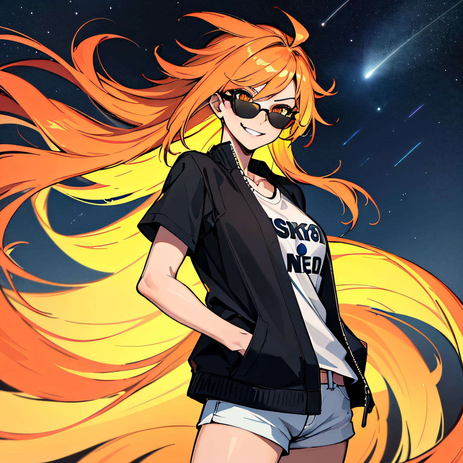 (absurdres, 8k, 4k, masterpiece, hyper extreme detailed:1.2), solo, 1girl, front view portrait, best quality, expressive eyes, perfect face, 1girl, portrait, solo, Female, mature female, adult, red hair, orange gradients, hair covering eye, medium hair, cool, confident, white shorts, wild hair, messy hair, night time, cowboy shot, half body, perfect anatomy, flowing hair, windy hair, wind, fearless, cool, badass, shirt, rugged, golden eyes, starry night sky, stars, night, smirk, badass, heroic, black graphic t-shirt, white jacket, hands in pockets, sunglasses, smirk,