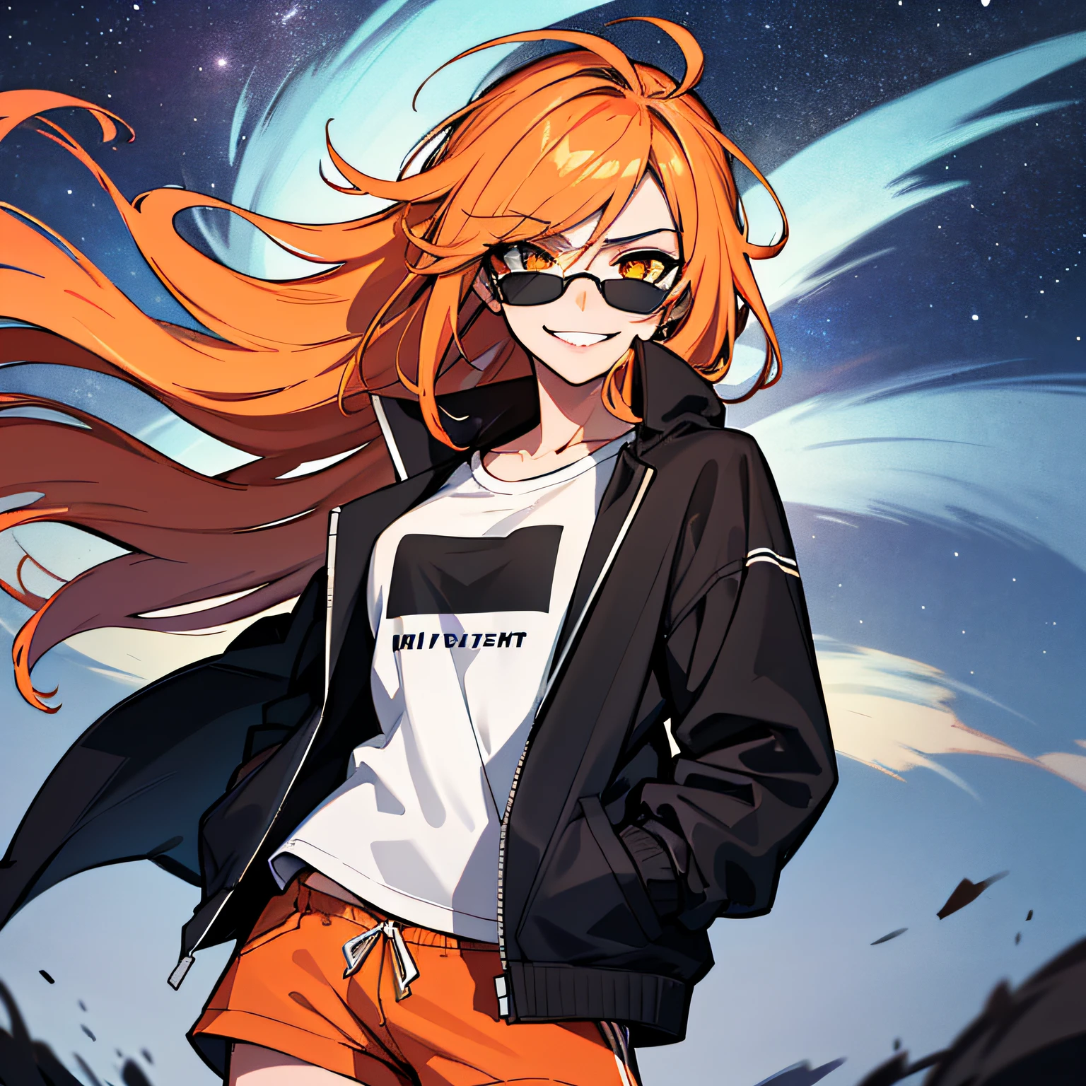 (absurdres, 8k, 4k, masterpiece, hyper extreme detailed:1.2), solo, 1girl, front view portrait, best quality, expressive eyes, perfect face, 1girl, portrait, solo, Female, mature female, adult, red hair, orange gradients, hair covering eye, medium hair, cool, confident, white shorts, wild hair, messy hair, night time, cowboy shot, half body, perfect anatomy, flowing hair, windy hair, wind, fearless, cool, badass, shirt, rugged, golden eyes, starry night sky, stars, night, smirk, badass, heroic, black graphic t-shirt, white jacket, hands in pockets, sunglasses, smirk,