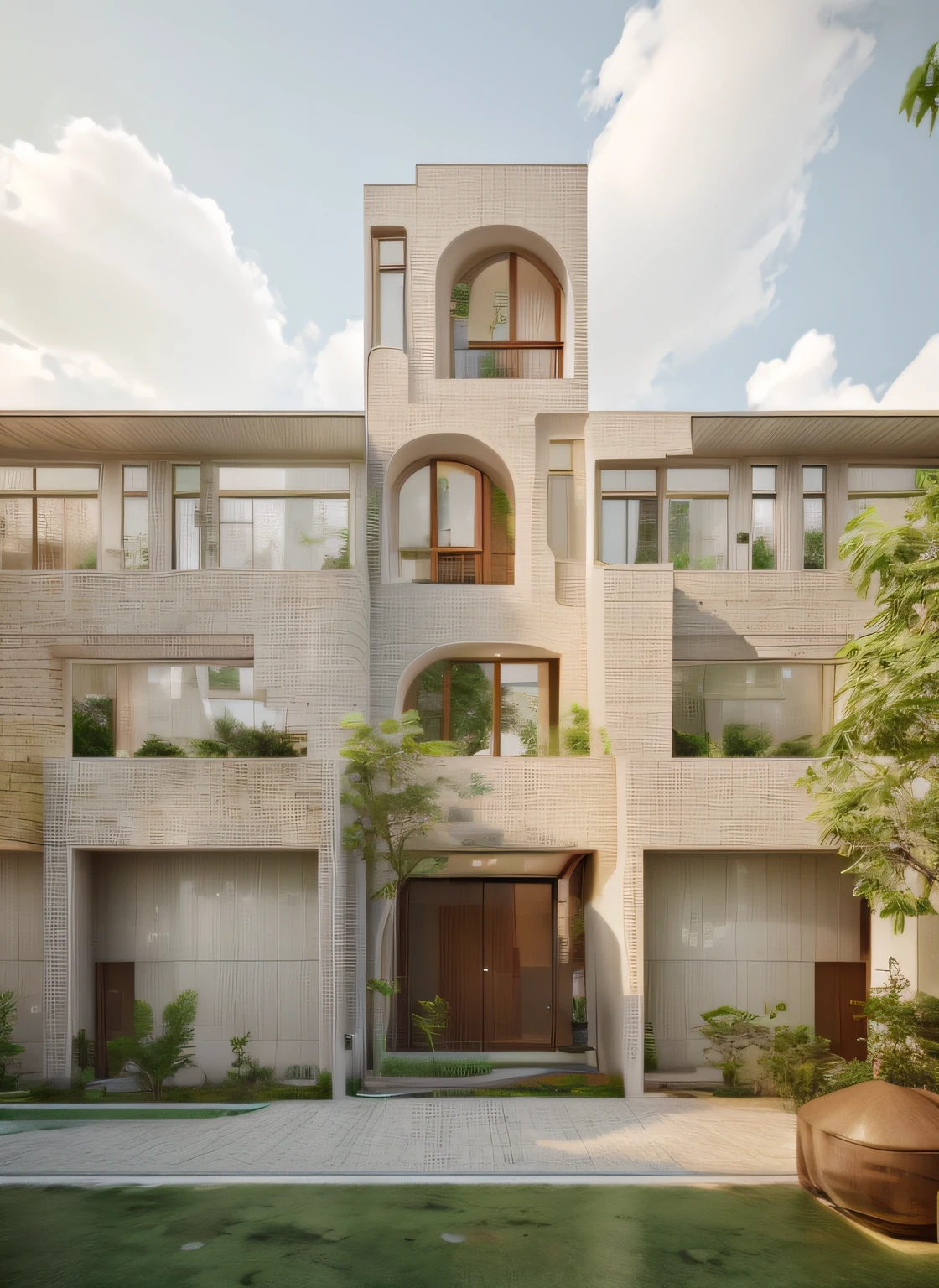 TOWNHOUSE, MODERN STYLE, VRAY RENDER, SURROUNDED WITH GREEN TREES, WARM TONES, CLOUDY SKY, MORNING