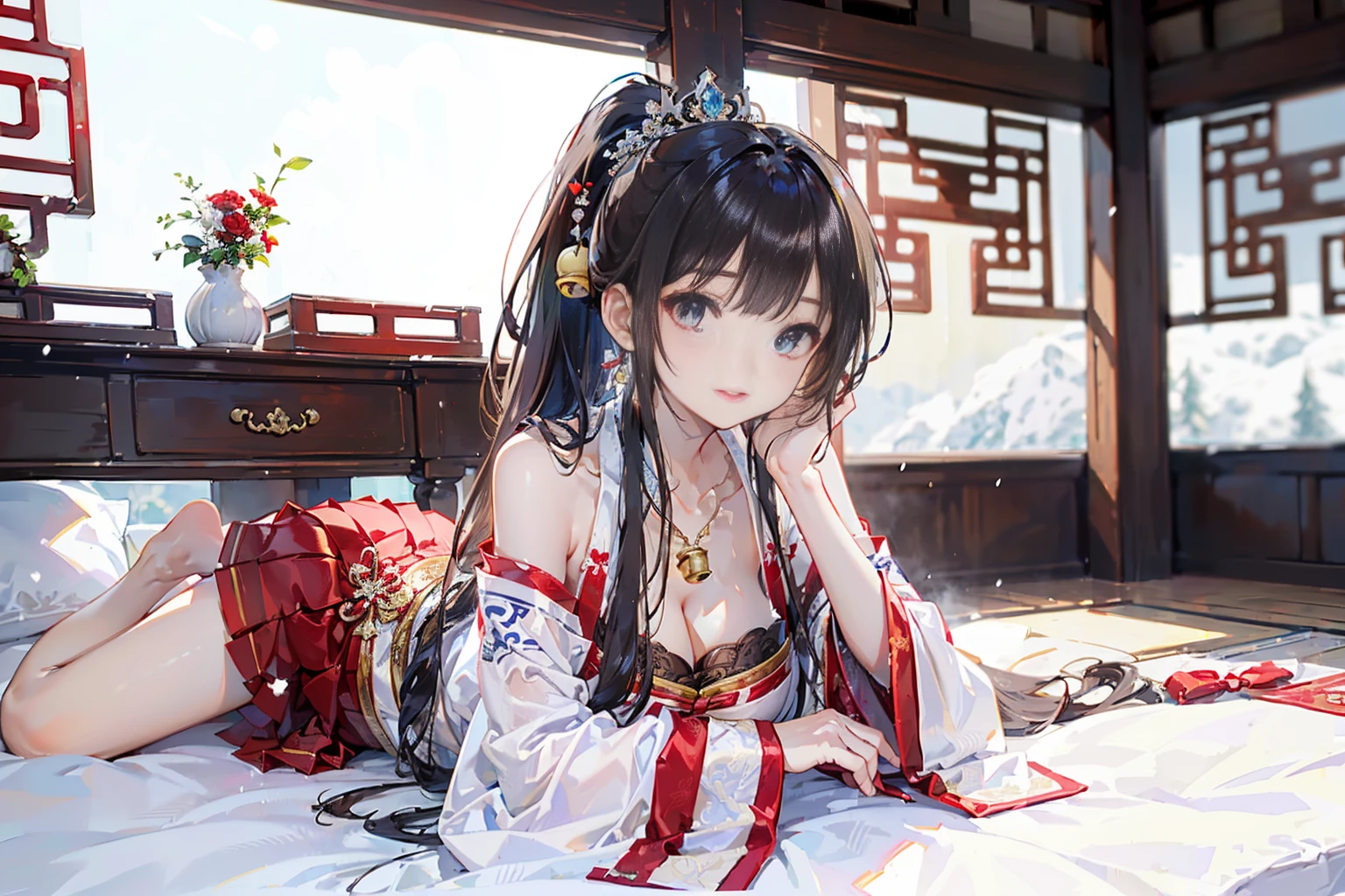 (film portrait photography, 1girll, exposed bare shoulders:1.5,shadowing:1.4,At night:1.4,janelas,Lanterns)(Realistic detailed eyes, Natural skin texture, Realistic facial details)(Soft dramatic lighting, depth of fields, Bokeh, vibrant detail, finedetail, hyper realisitc, 35mm film, Hazy and blurry, Photorealism,smallunderboob,鎖骨:1.5)(ar old,Ancient Chinese girl:1.6,Lori huge breasts cleavage,watch audience,Take strawberries,Delicate snow,Delicate hands)(Be red in the face:1.5,Charming petite figure,ssmile,Small red lips:1.4,eye shadows:1.2,Gorgeous Ming Dynasty long-sleeved Hanfu:1.5,wearing hair bow:1.4,Cute barefoot:1.3,French bangs,Double braid:1.4,Chinese Ancient Architecture)(Kneel indoors,heavy snowy,pets)