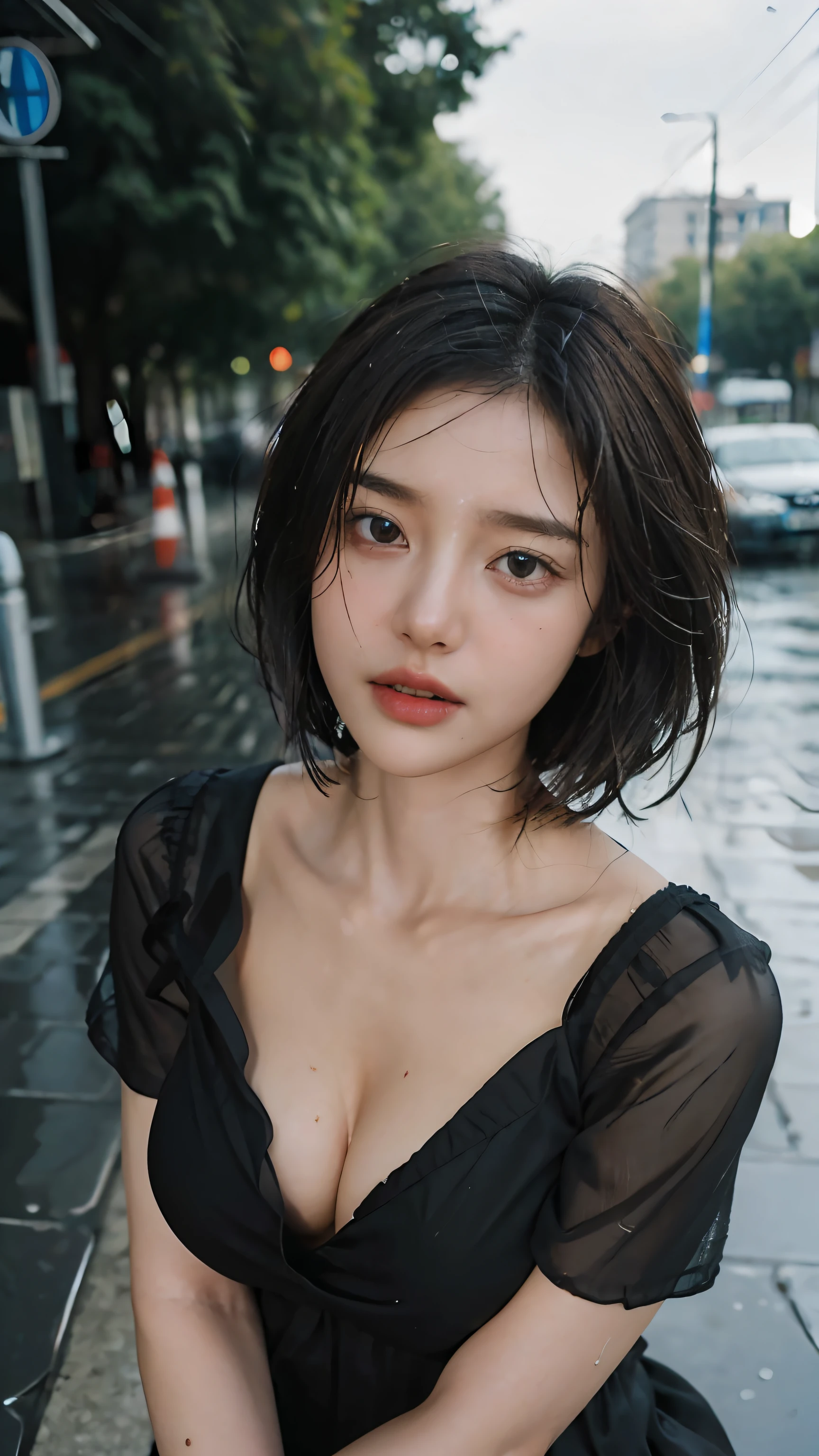 ((Best Quality, 8K, Masterpiece:1.3)), Focus: 1.2, Perfect Body Beauty: 1.4, Buttocks: 1.2, ((Layered Haircut, Breasts: 1.2)), (Wet Clothes: 1.1) , (Rain, Street:1.3), Bandeau Dress: 1.1, Highly Detailed Face and Skin Texture, Delicate Eyes, Double Eyelids, Whitened Skin, Long Hair