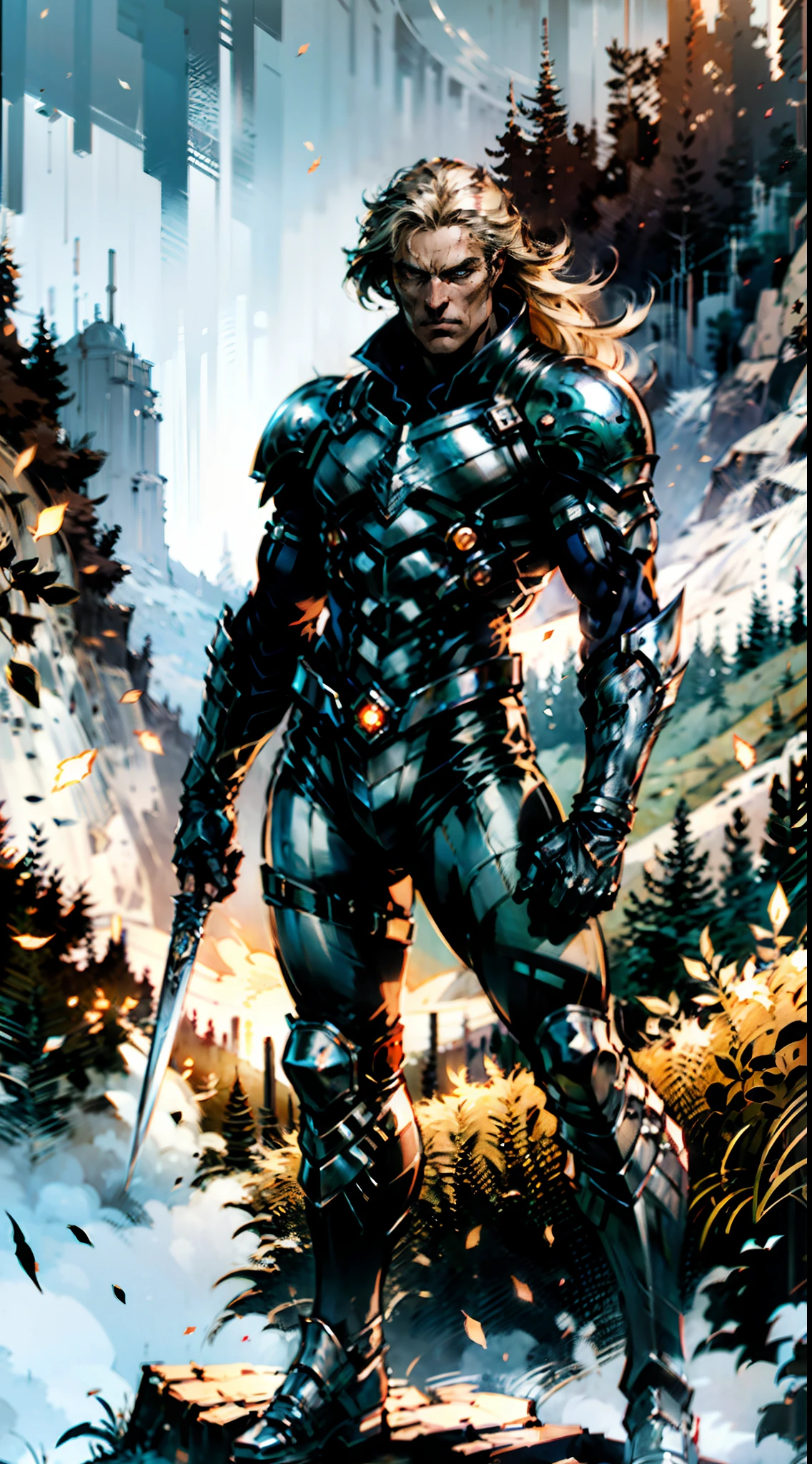 A middle-aged man, long platinum-blond hair, neatly combed hair, a square face, a serious expression, sharp eyes, tall figure, a dark fantasy-realistic style bodysuit, short sleeve, a silver-white chestplate, gloves with metal accessories, three metal blades extending from the gloves, tight-fitting pants that match the bodysuit, silver-white metal shin guards, boots, the background is a mountain forest at night, with falling leaves, this character embodies a finely crafted fantasy-realistic style assassin in anime style, characterized by an exquisite and mature manga illustration art style, high definition, best quality, highres, ultra-detailed, ultra-fine painting, extremely delicate, professional, anatomically correct, symmetrical face, extremely detailed eyes and face, high quality eyes, creativity, RAW photo, UHD, 8k, Natural light, cinematic lighting, masterpiece-anatomy-perfect, masterpiece:1.5