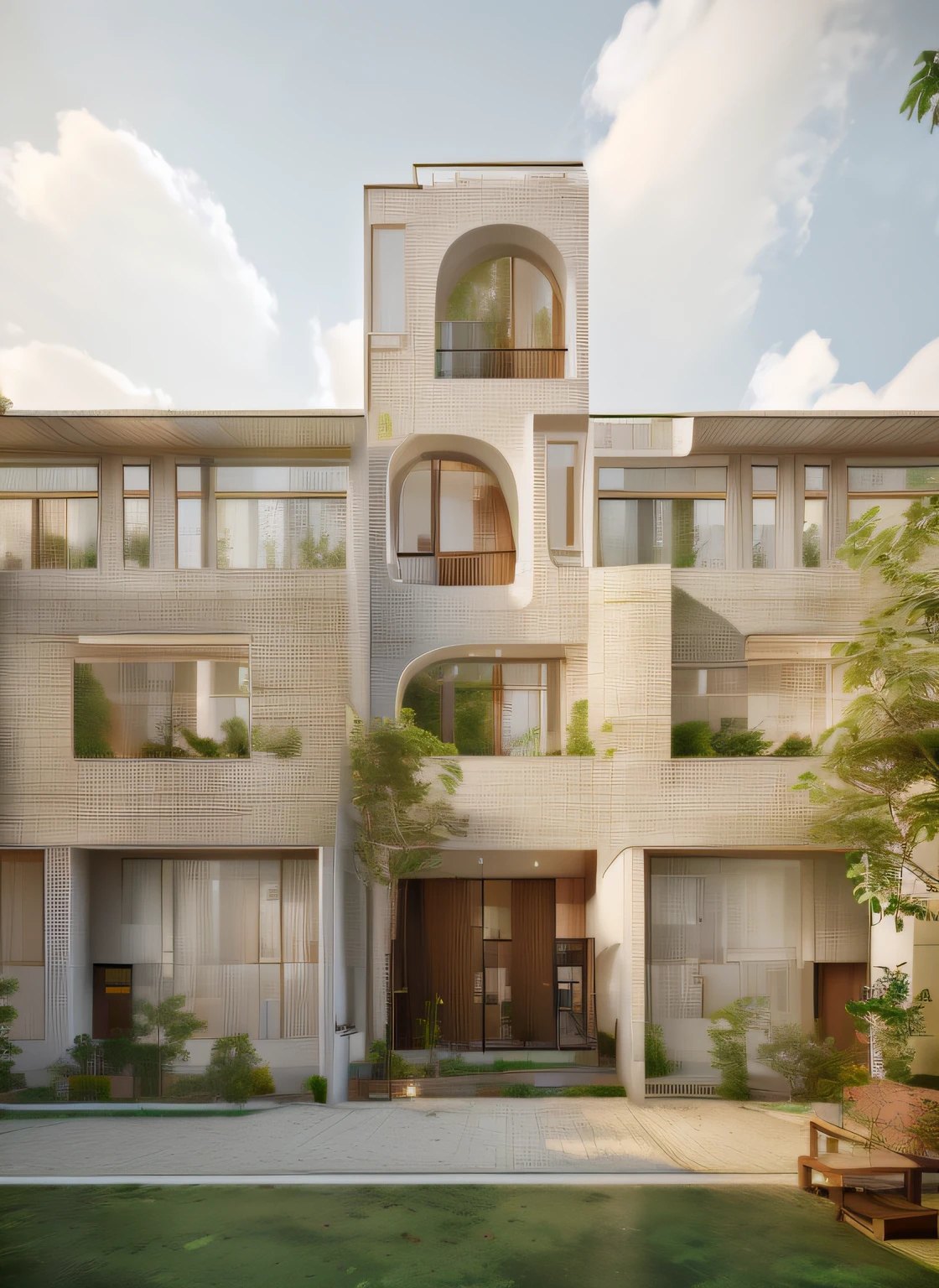TOWNHOUSE, MODERN STYLE, VRAY RENDER, SURROUNDED WITH GREEN TREES, WARM TONES, CLOUDY SKY, MORNING