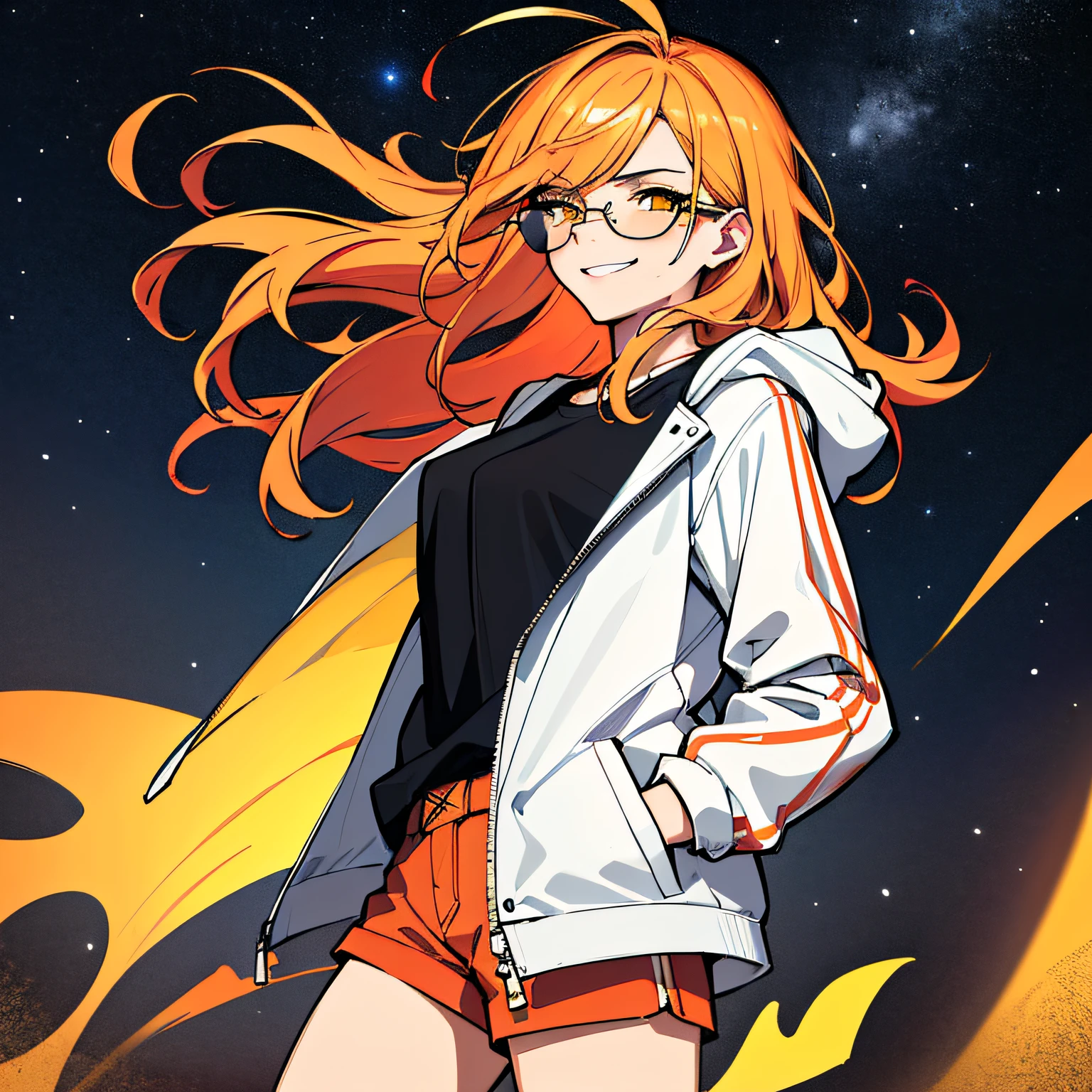 (absurdres, 8k, 4k, masterpiece, hyper extreme detailed:1.2), solo, 1girl, front view portrait, best quality, expressive eyes, perfect face, 1girl, portrait, solo, Female, mature female, adult, red hair, orange gradients, hair covering eye, medium hair, cool, confident, white shorts, wild hair, messy hair, night time, cowboy shot, half body, perfect anatomy, flowing hair, windy hair, wind, fearless, cool, badass, shirt, rugged, golden eyes, starry night sky, stars, night, smirk, badass, heroic, black graphic t-shirt, white jacket, hands in pockets, sunglasses, smirk,