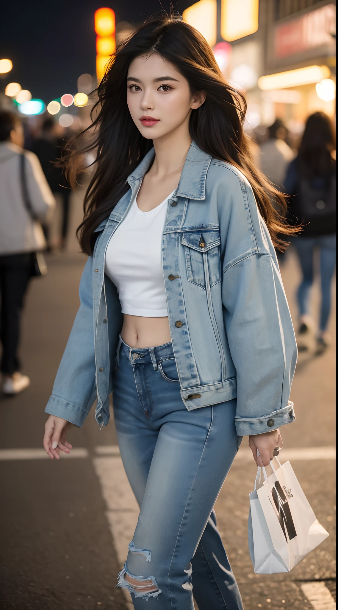 (best quality,4k,highres,masterpiece:1.2),ultra-detailed,(realistic,photorealistic,photo-realistic:1.37),1girl,walking on the street,portrait,sneakers,big breast,urban lifestyle,dynamic pose,vibrant colors,street art style,colorful graffiti,city lights,night scene,glowing neon signs,reflection on wet pavement,shopping bags,happy expression,hair blowing in the wind,lively atmosphere,modern fashion,casual outfit,denim jacket,cropped jeans,trendy accessories,crowded street,diverse crowd,cool atmosphere,bokeh lights,energetic vibes