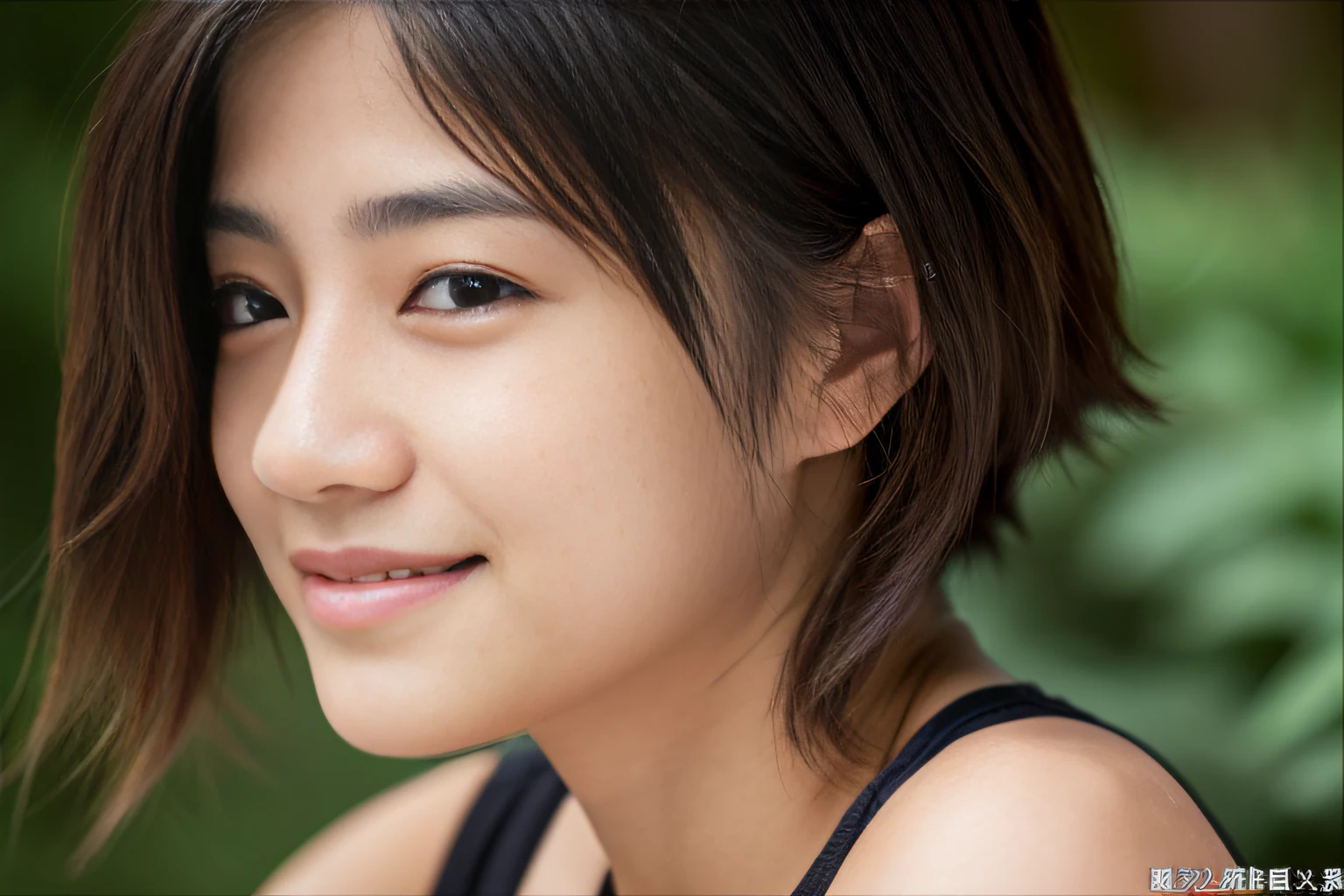 (Best Quality,8k,Absolutely beautiful:1.2),(Beautiful),Perfect body、Beautiful skin、gravure、Universal beauty、((top-quality、8k、masterpiece:1.3))、foco nítido:1.2、Layered Haircut、Small breasts、Highly detailed facial and skin texture、 A detailed eye、skin tanned、(Stand straight)、cute smile, A photo from the waist up,((( 1Japanese 15years old girl:1.2)))、Wearing a sportsbra、